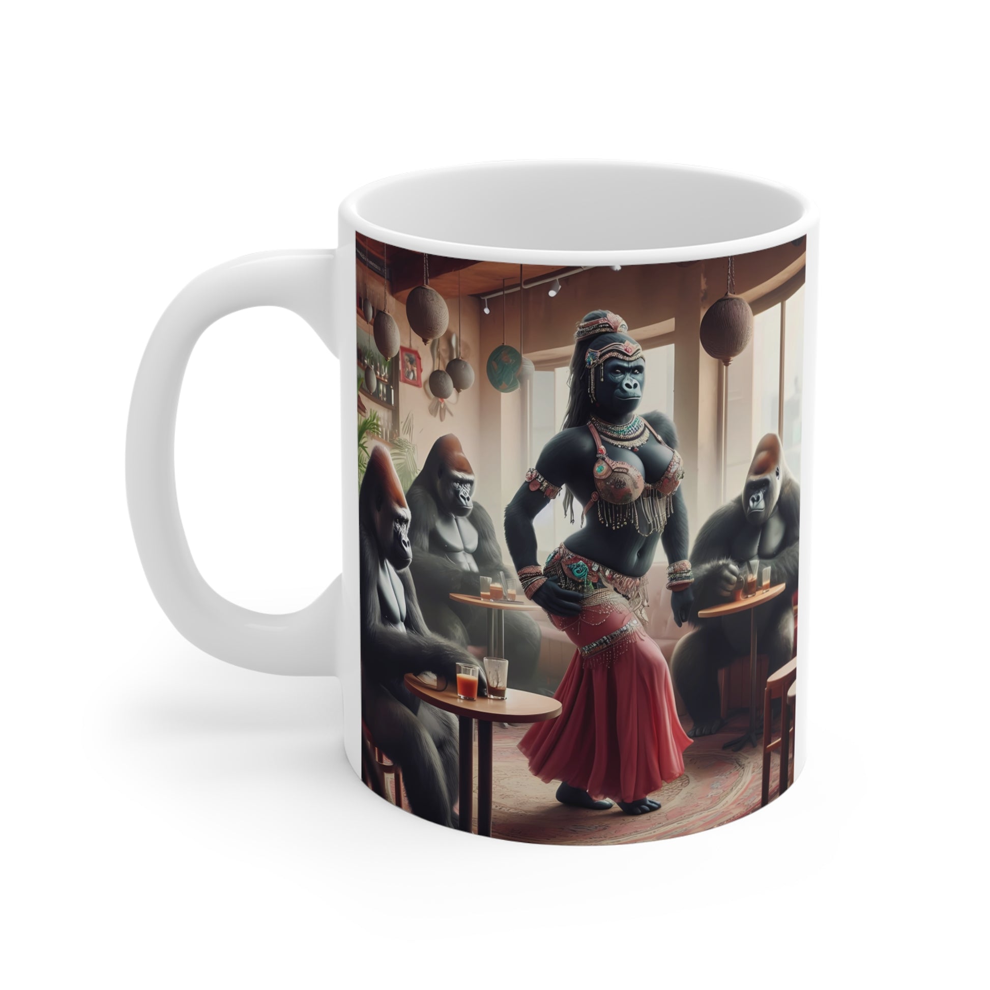 Exotic gorilla belly dancing mug with detailed boho costume, warm café interior, and whimsical animal art perfect for coffee and tea fans.