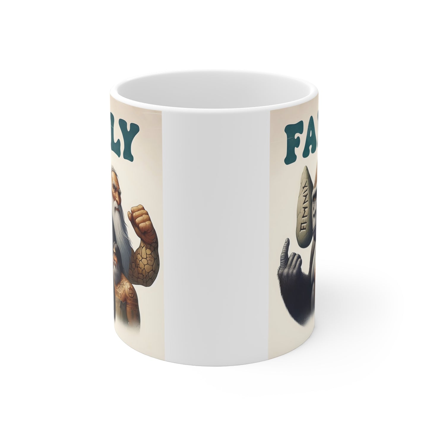 Coffee mug displaying a gorilla, early human figures, and a family-themed stone carving in a vintage-inspired design that celebrates evolution, ancestry, and family connections.