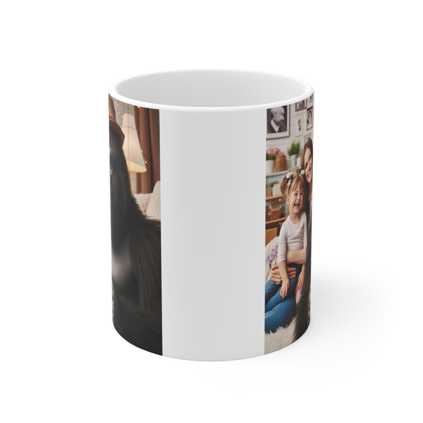 Family-themed coffee mug featuring a friendly gorilla holding a portrait photo with a warm home background and smiling family members.