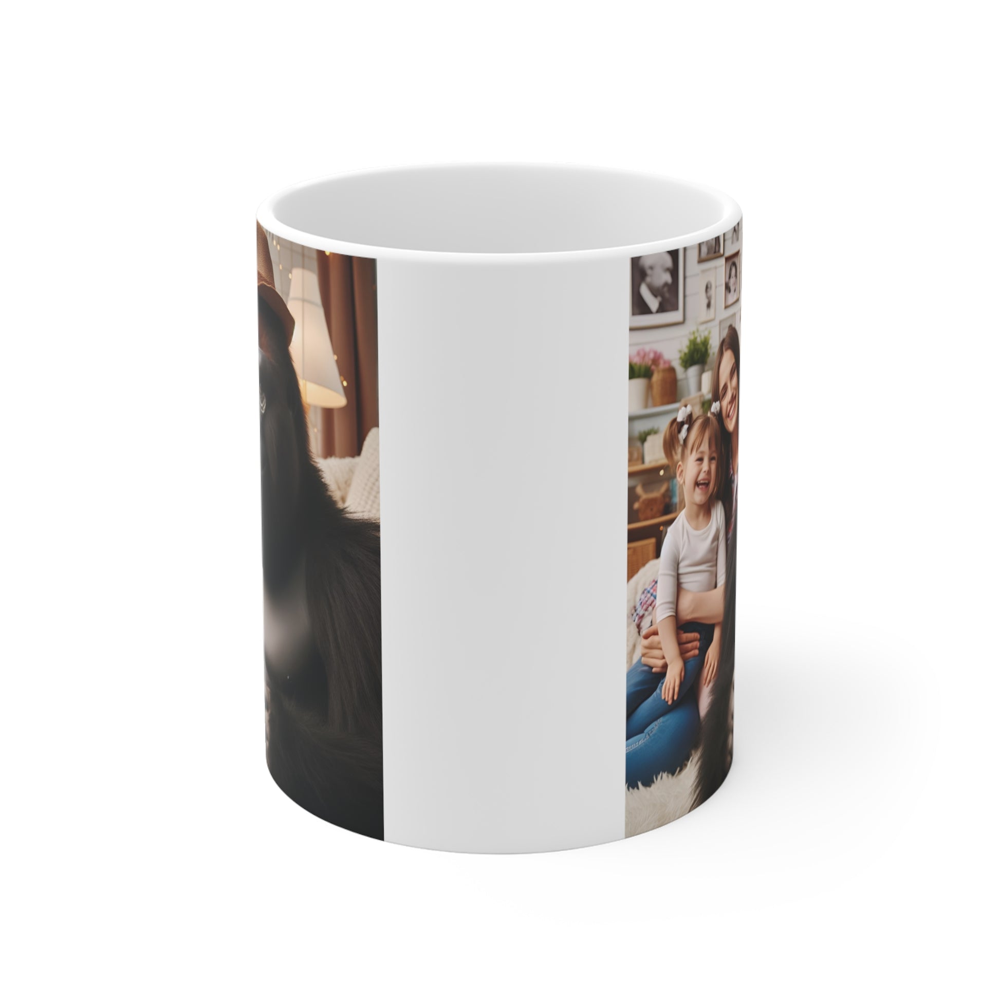 Family-themed coffee mug featuring a friendly gorilla holding a portrait photo with a warm home background and smiling family members.