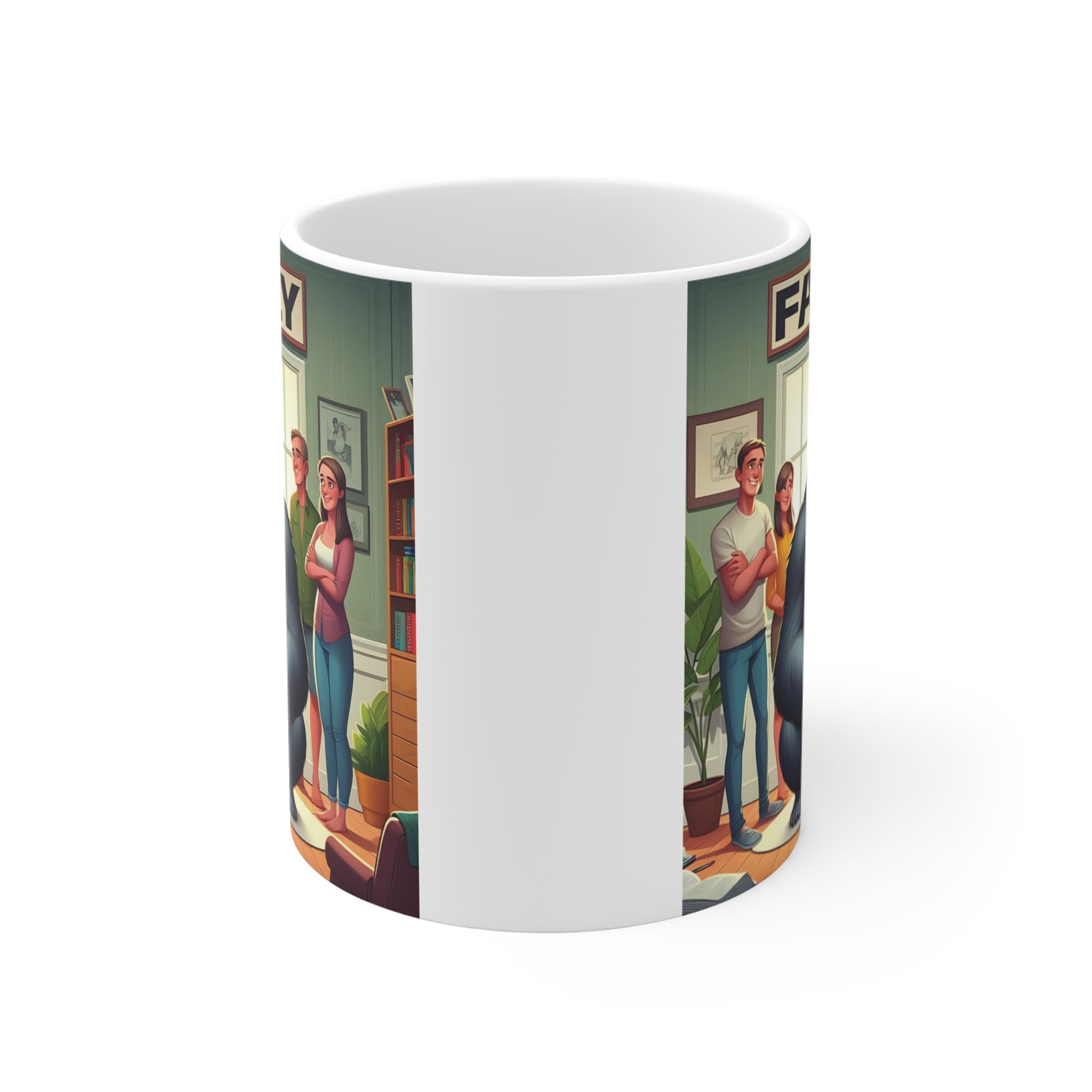 Illustrated gorilla representing family strength and protection with parents and child standing together in a family-themed mug design.