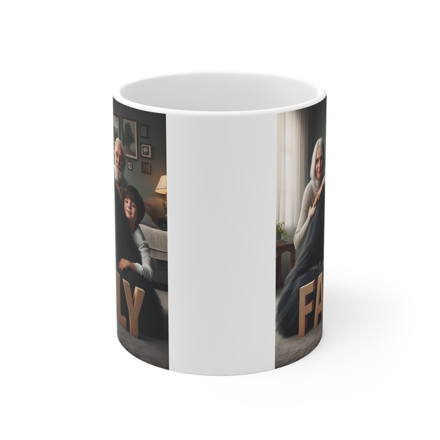 Powerful gorilla surrounded by three generations of family members in a cozy home setting, printed on a ceramic coffee mug.