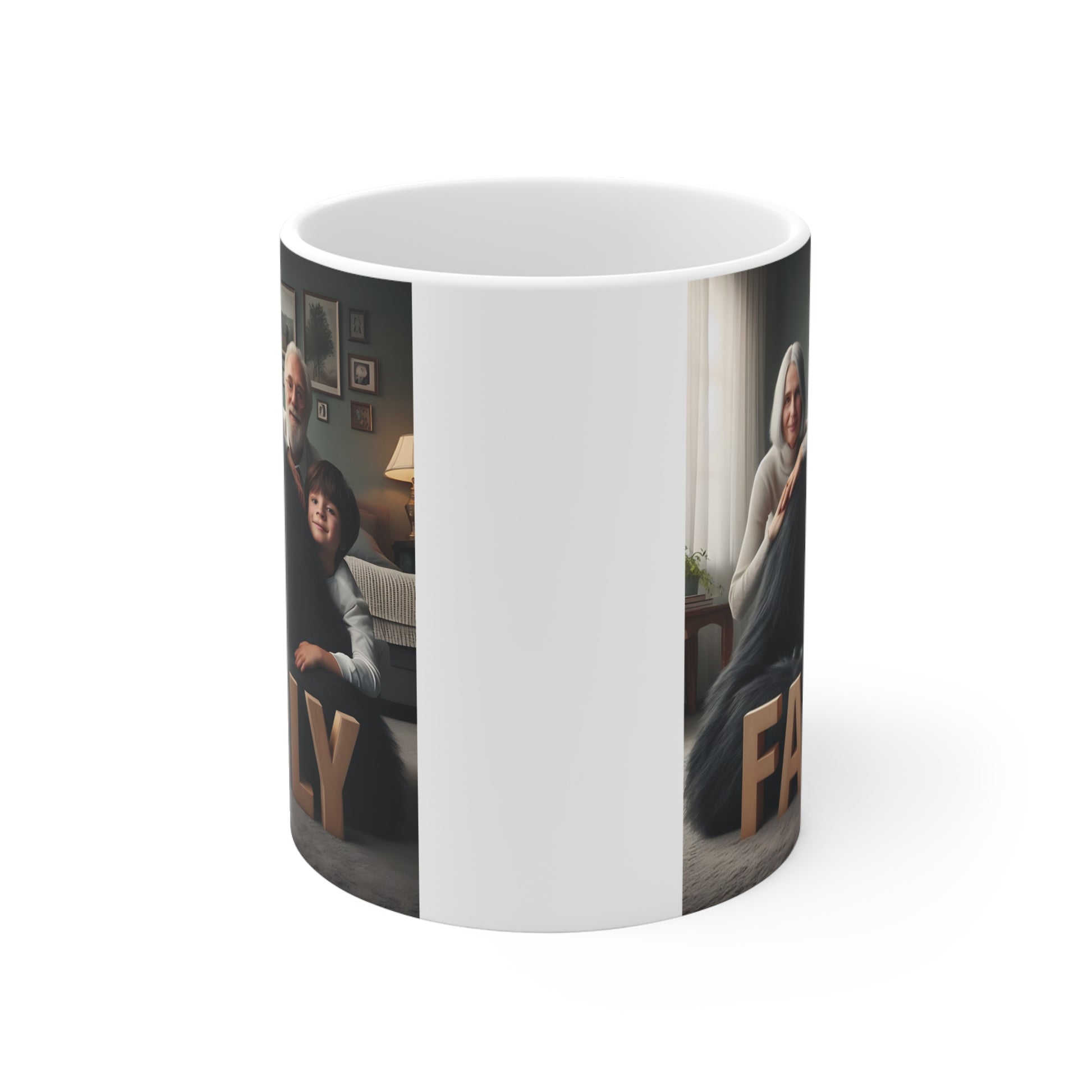 Powerful gorilla surrounded by three generations of family members in a cozy home setting, printed on a ceramic coffee mug.