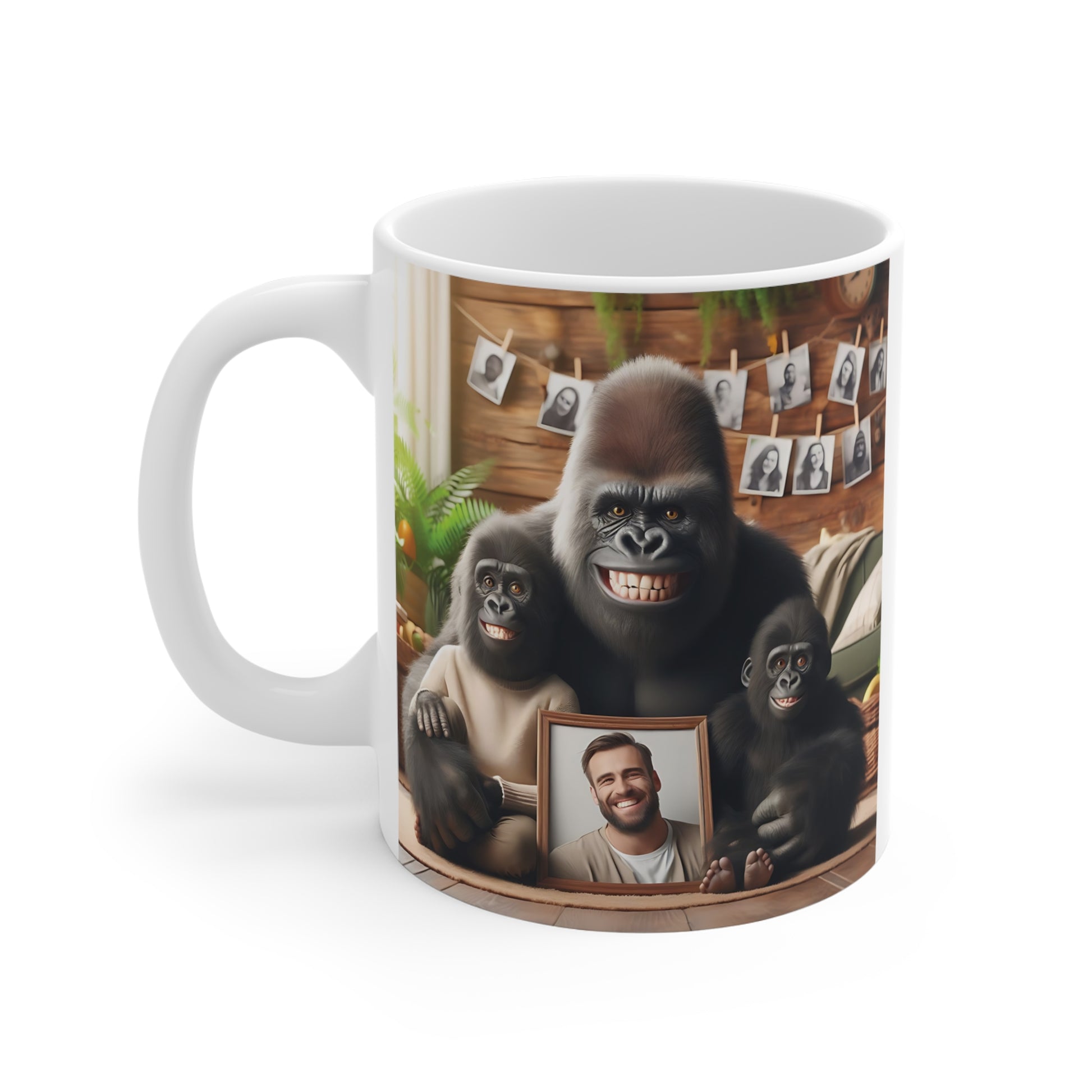 Cute gorilla family portrait mug showing a happy gorilla family indoors, ideal gift for parents and loved ones.