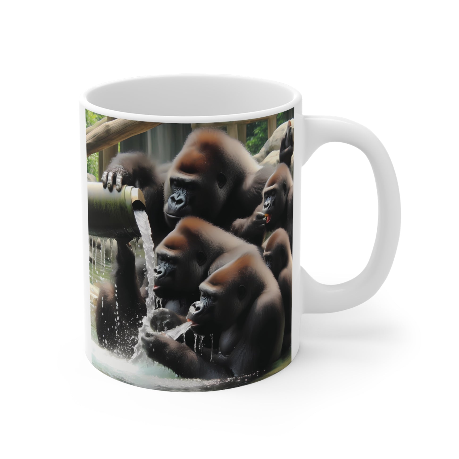 Gorilla family coffee mug featuring realistic jungle wildlife artwork with gorillas drinking water from a bamboo fountain in nature.