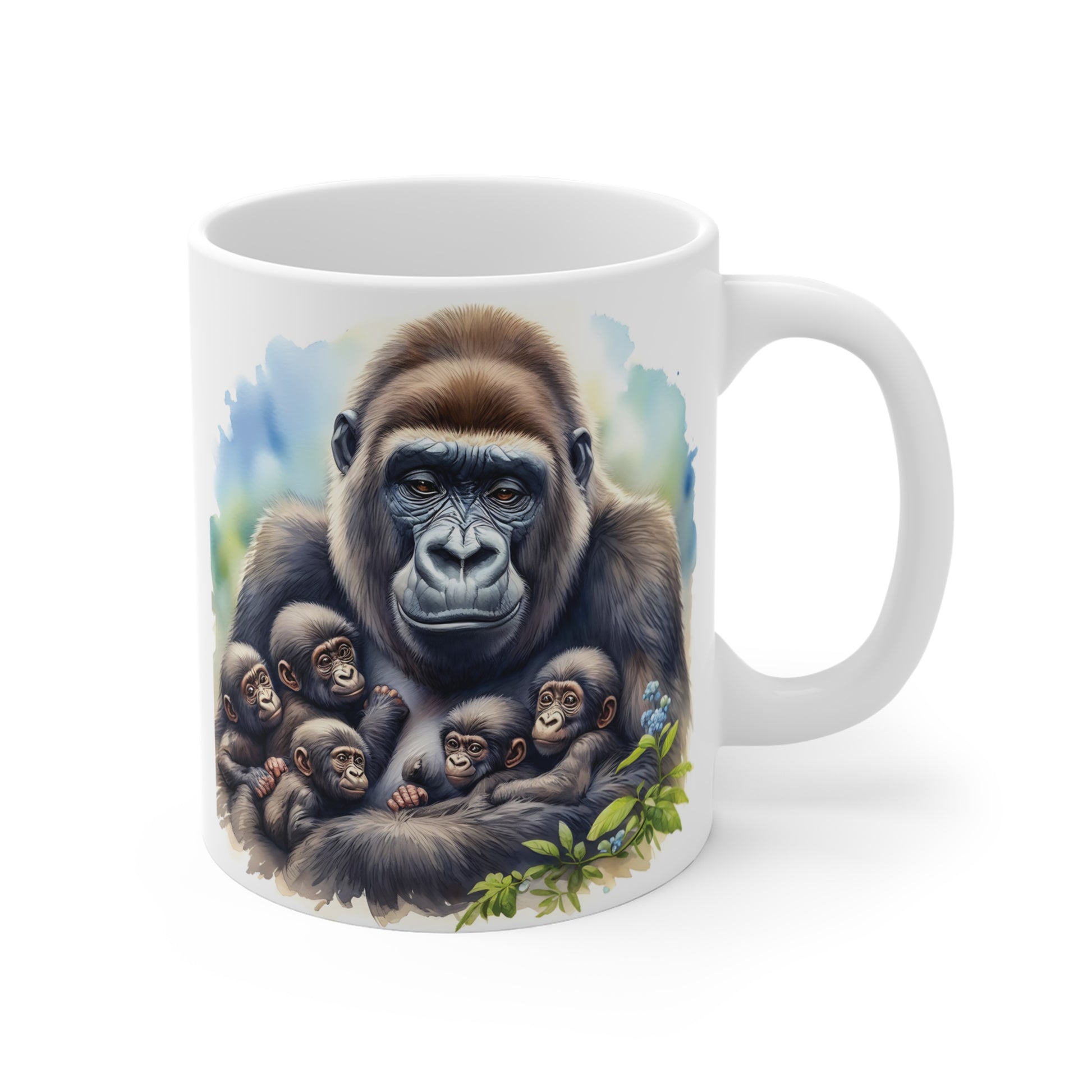 Gorilla Family Coffee Mug – Heartwarming Gorilla Mother and Baby Gorillas Ceramic Mug with Wildlife Watercolor Artwork