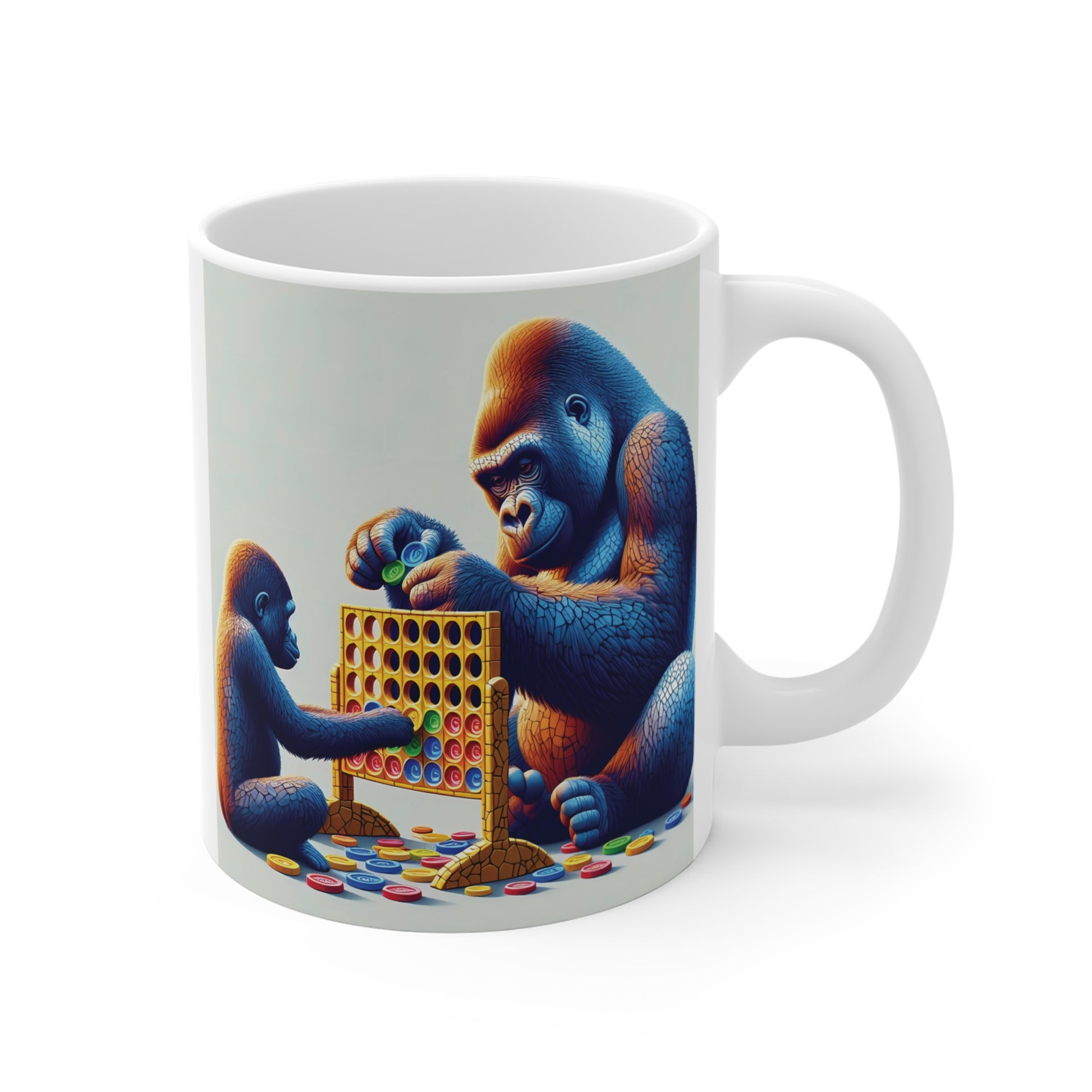 Colorful gorilla parent and baby gorilla playing Connect Four on a ceramic coffee mug, heartwarming family game artwork for animal lovers and board game enthusiasts.