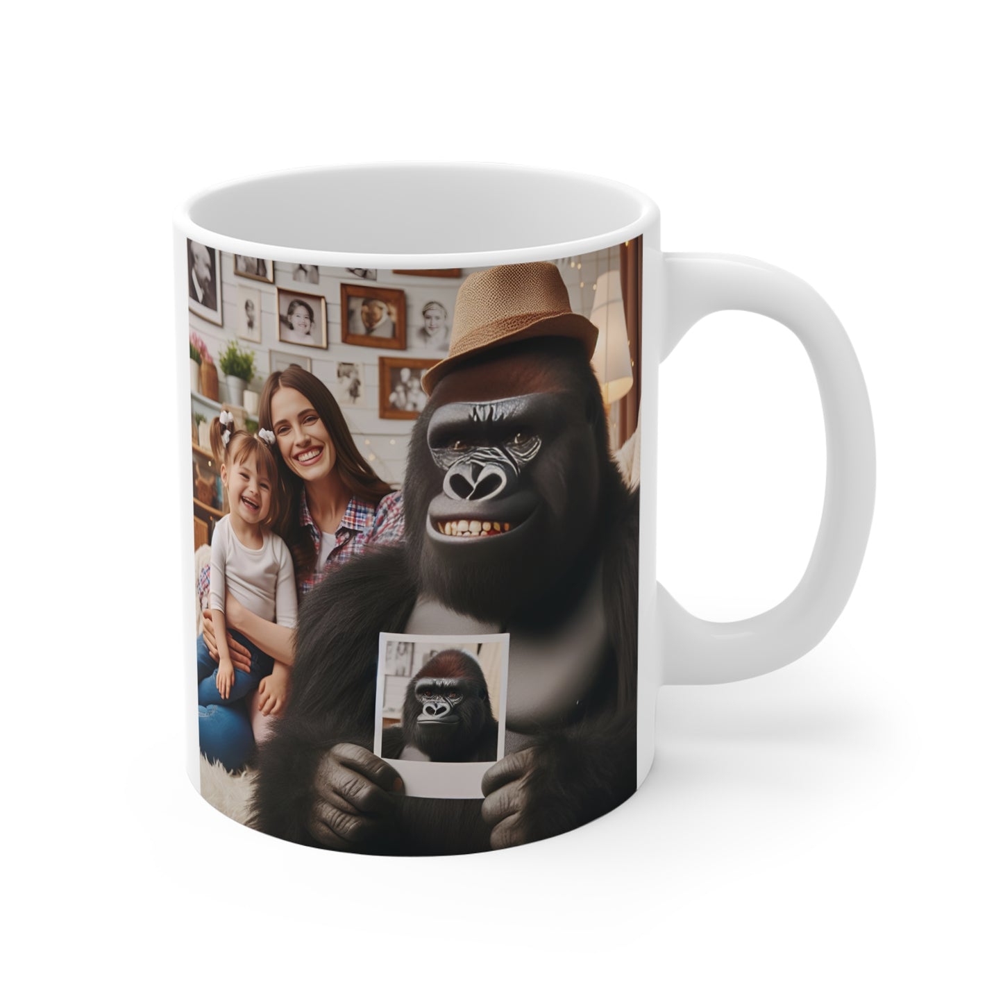 Cute gorilla wearing a hat and holding a photo while sitting beside a smiling mother and child on a white ceramic coffee mug.