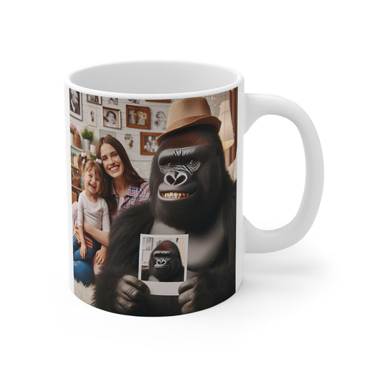 Cute gorilla wearing a hat and holding a photo while sitting beside a smiling mother and child on a white ceramic coffee mug.