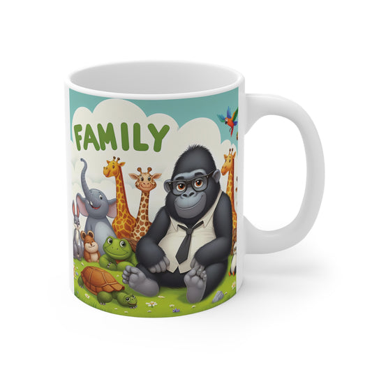 Cute cartoon gorilla family mug featuring a smiling gorilla surrounded by safari animals including giraffes, an elephant, a frog, a turtle, and a rabbit under the word Family.