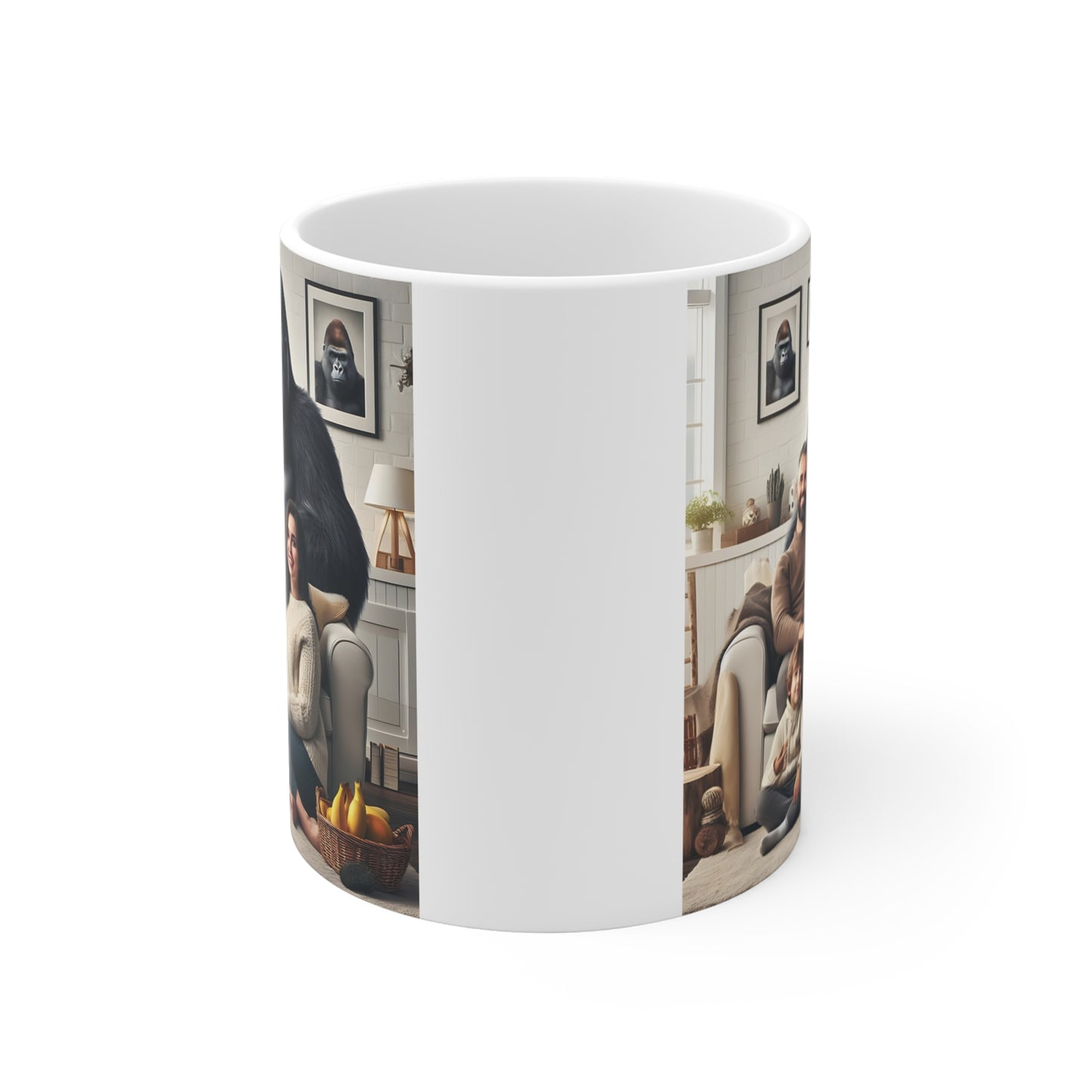 Ceramic mug displaying a family seated together on a sofa with a large gorilla standing behind them, set in a warm home interior with framed gorilla artwork.