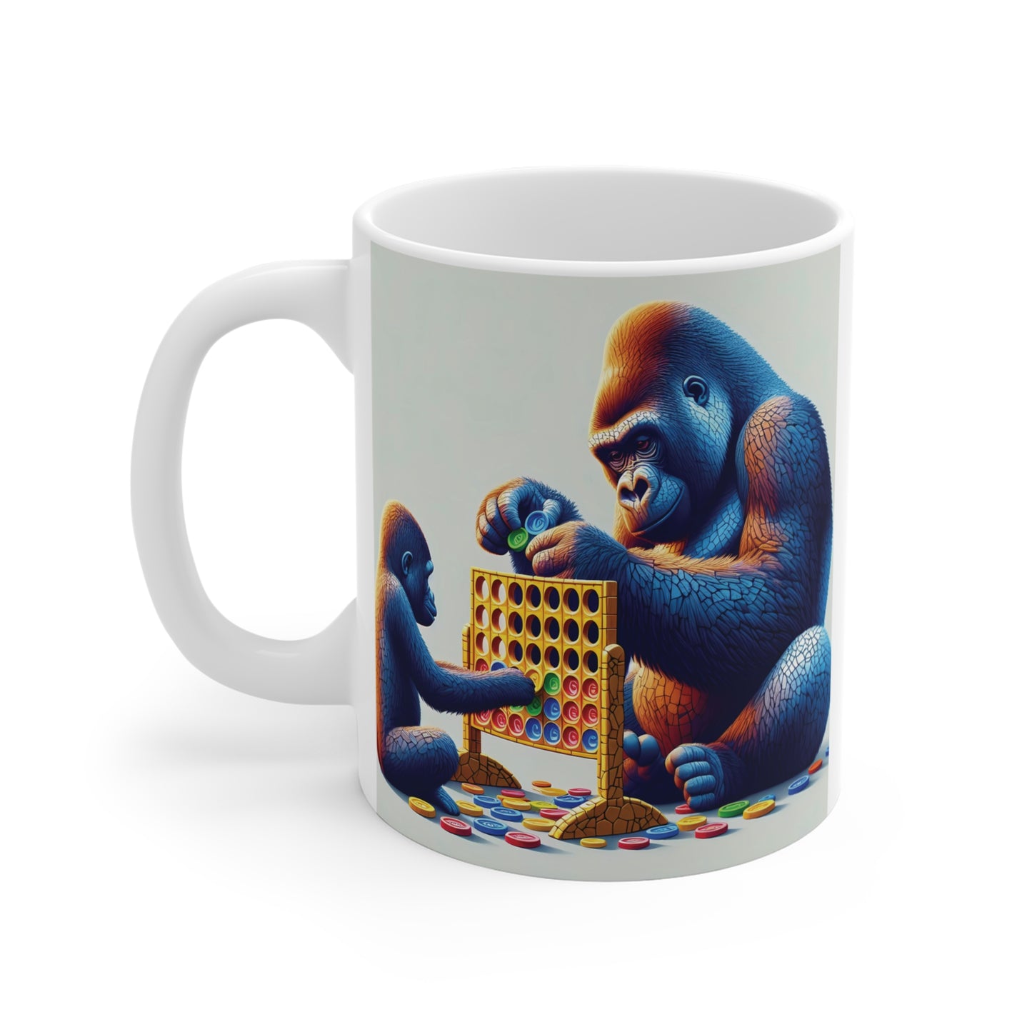 Cute gorilla and baby gorilla playing a strategy board game on a ceramic mug, unique family-themed animal artwork and gift for game lovers.