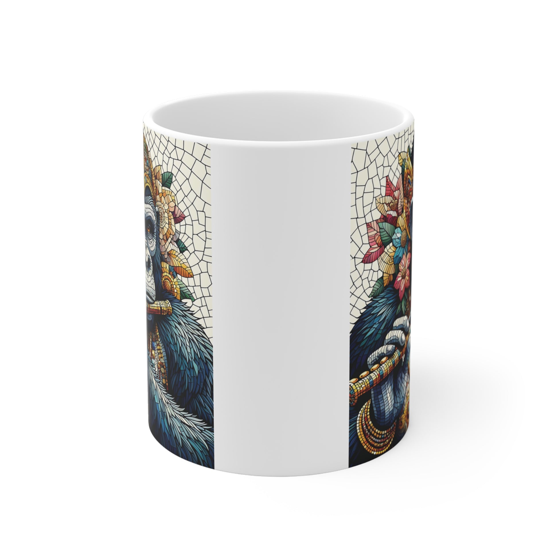 Artistic gorilla flute player coffee mug featuring stained glass mosaic style, vibrant patterns, and detailed animal illustration