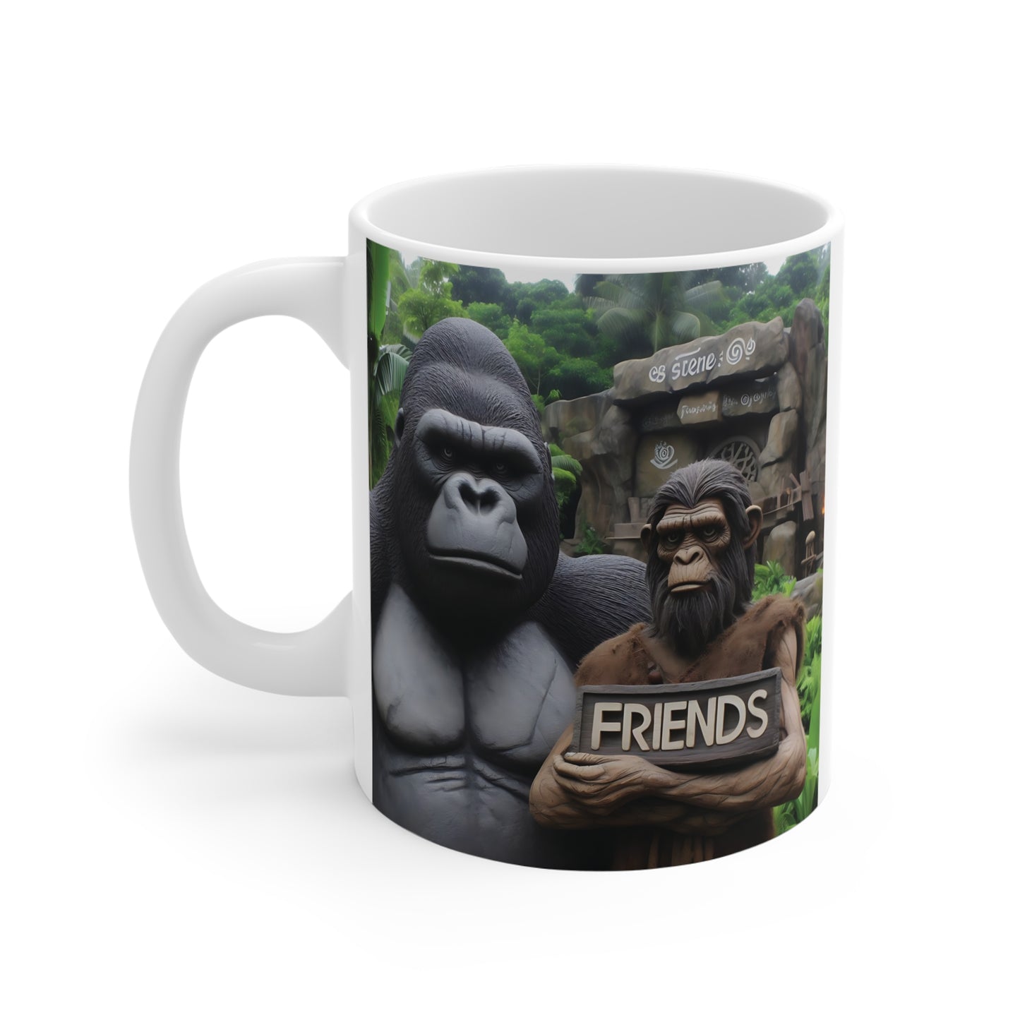 Realistic gorilla and ape artwork printed on a white coffee mug featuring a friendship theme and vibrant jungle scenery.