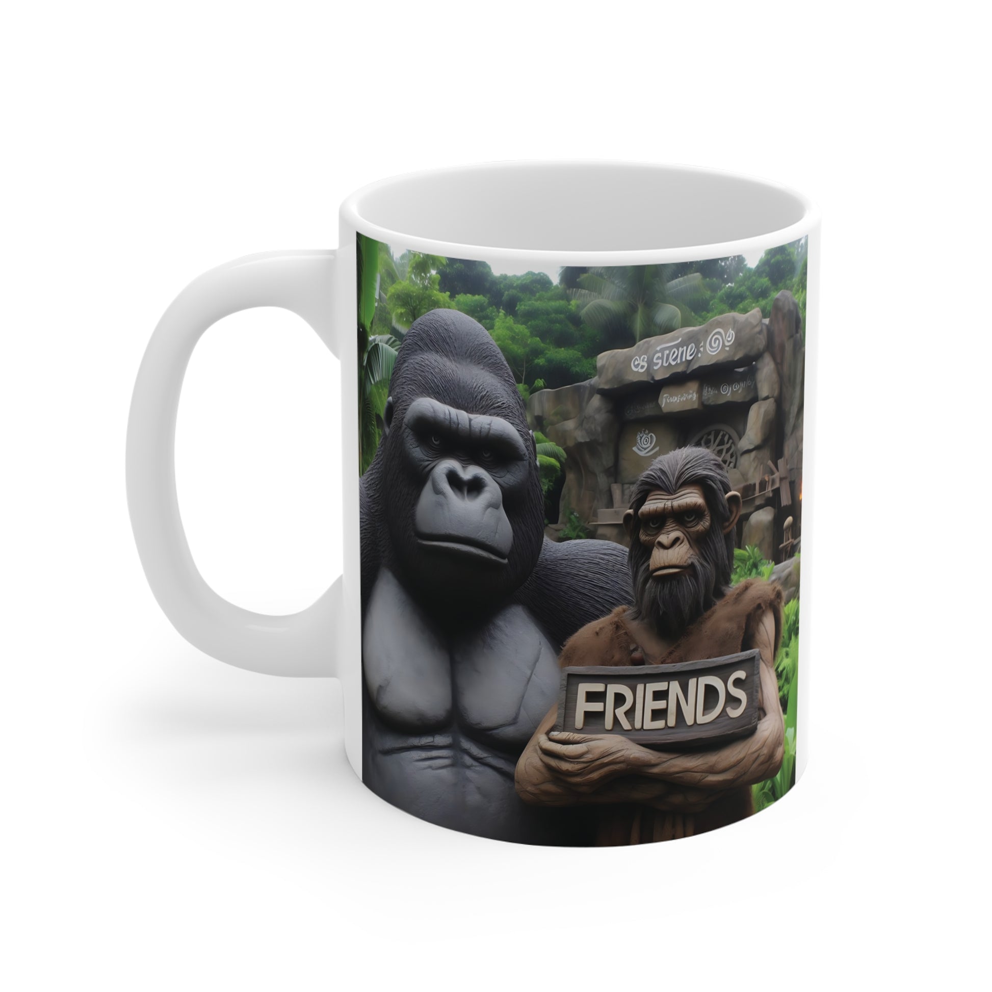 Realistic gorilla and ape artwork printed on a white coffee mug featuring a friendship theme and vibrant jungle scenery.