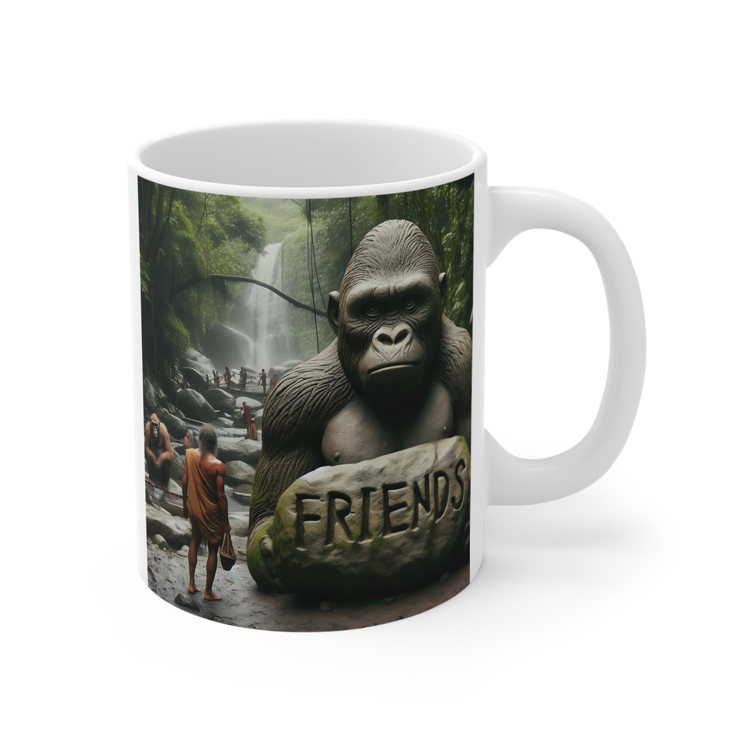 Realistic gorilla holding ‘friends’ stone in jungle waterfall scene printed on nature themed coffee mug