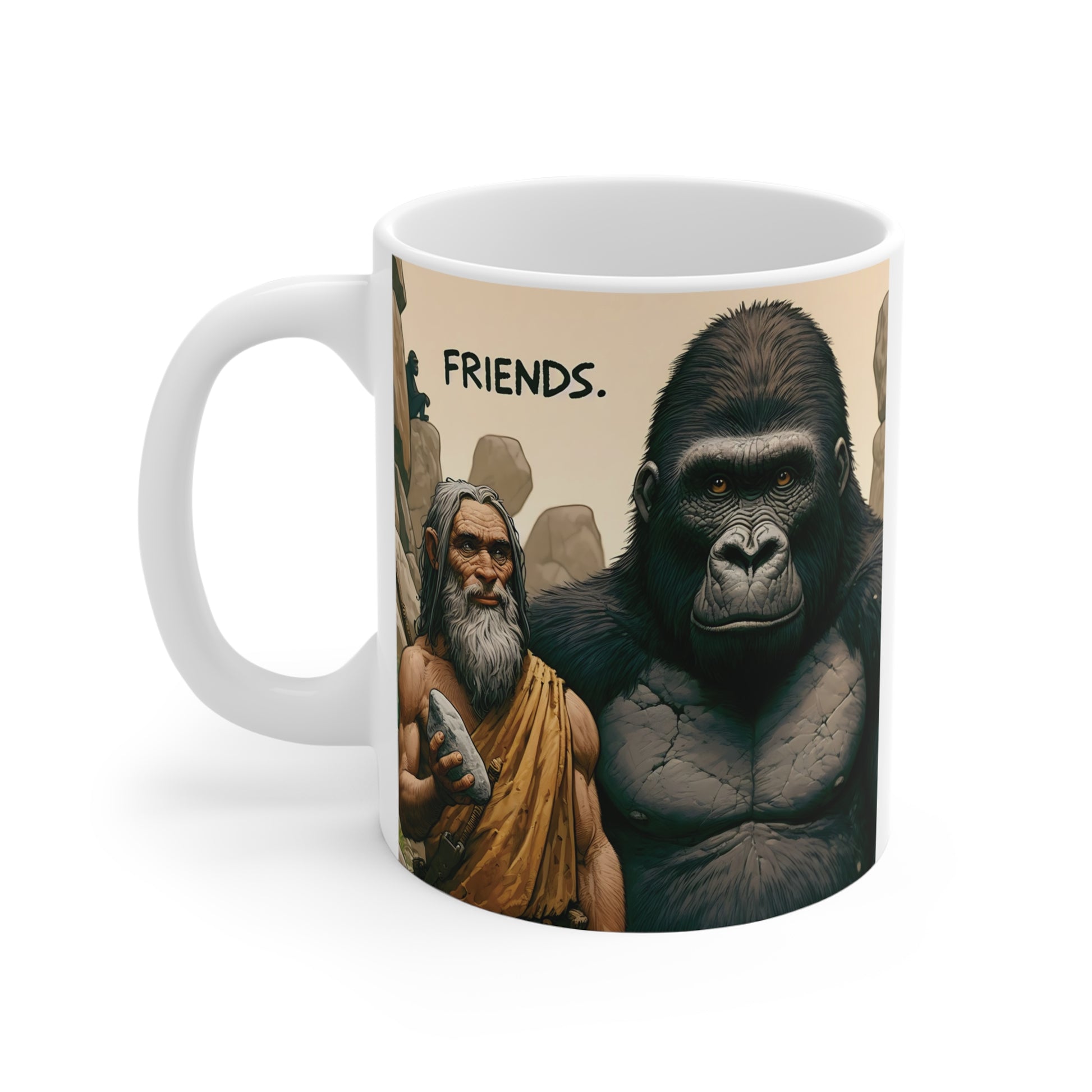Gorilla friendship ceramic mug featuring a caveman companion, bold “Friends.” text, and realistic jungle-inspired artwork, perfect for animal lovers and funny gifts.