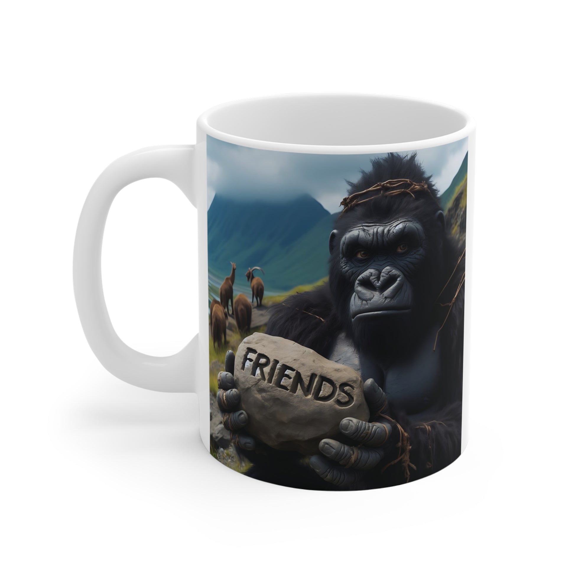 Unique gorilla mug with ‘Friends’ text carved in rock, nature scene with mountains and animals gift idea