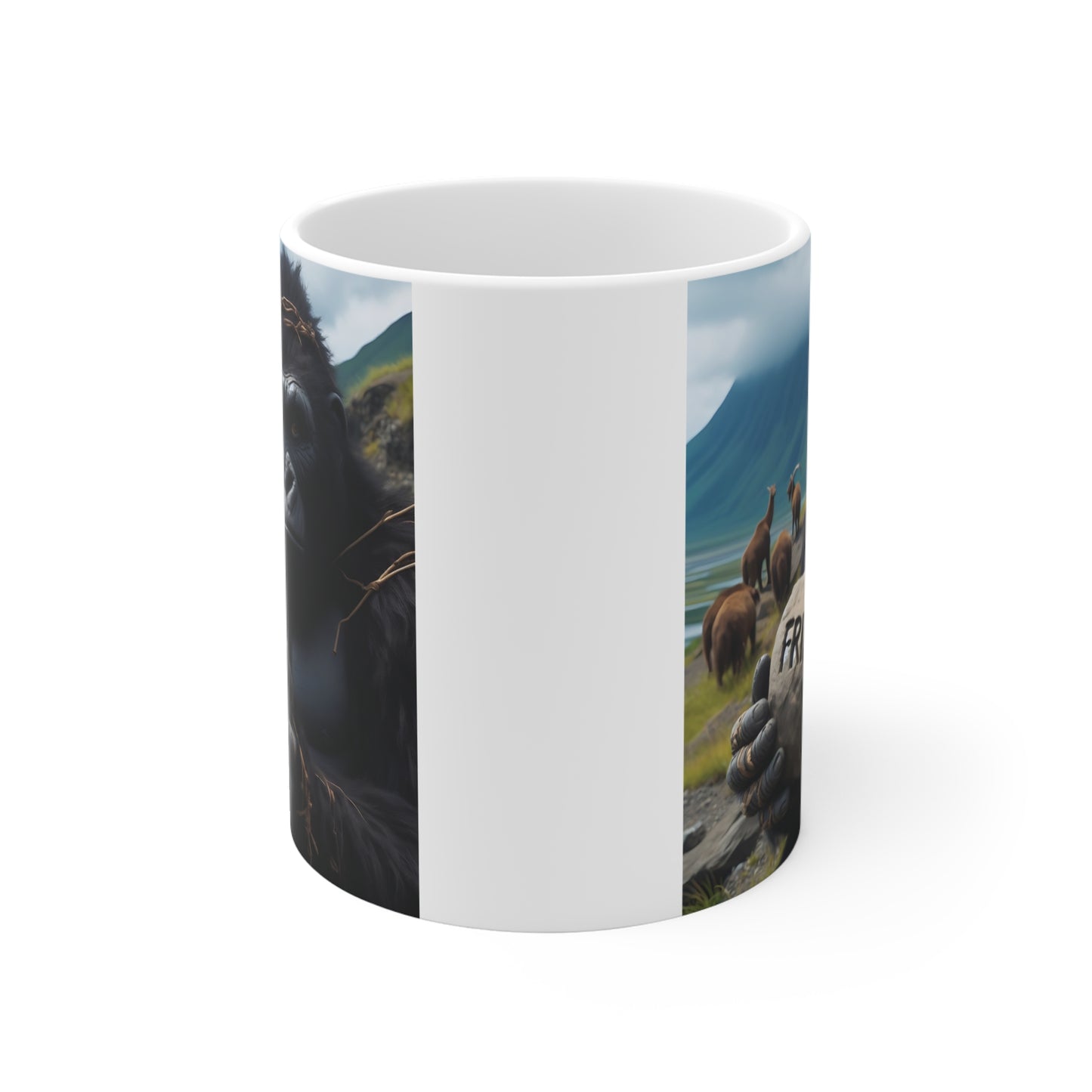 Artistic gorilla friendship mug featuring carved ‘Friends’ stone and scenic wilderness backdrop