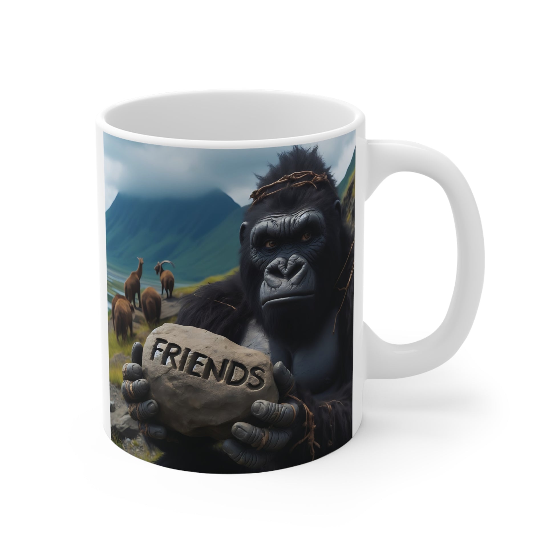 Gorilla holding stone engraved ‘Friends’ with mountain landscape background on 11oz coffee mug design