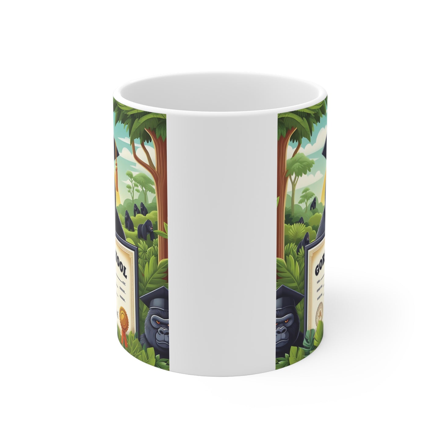 Cute gorilla graduate coffee mug with jungle background and graduation certificate illustration, unique graduation gift for students and teachers.