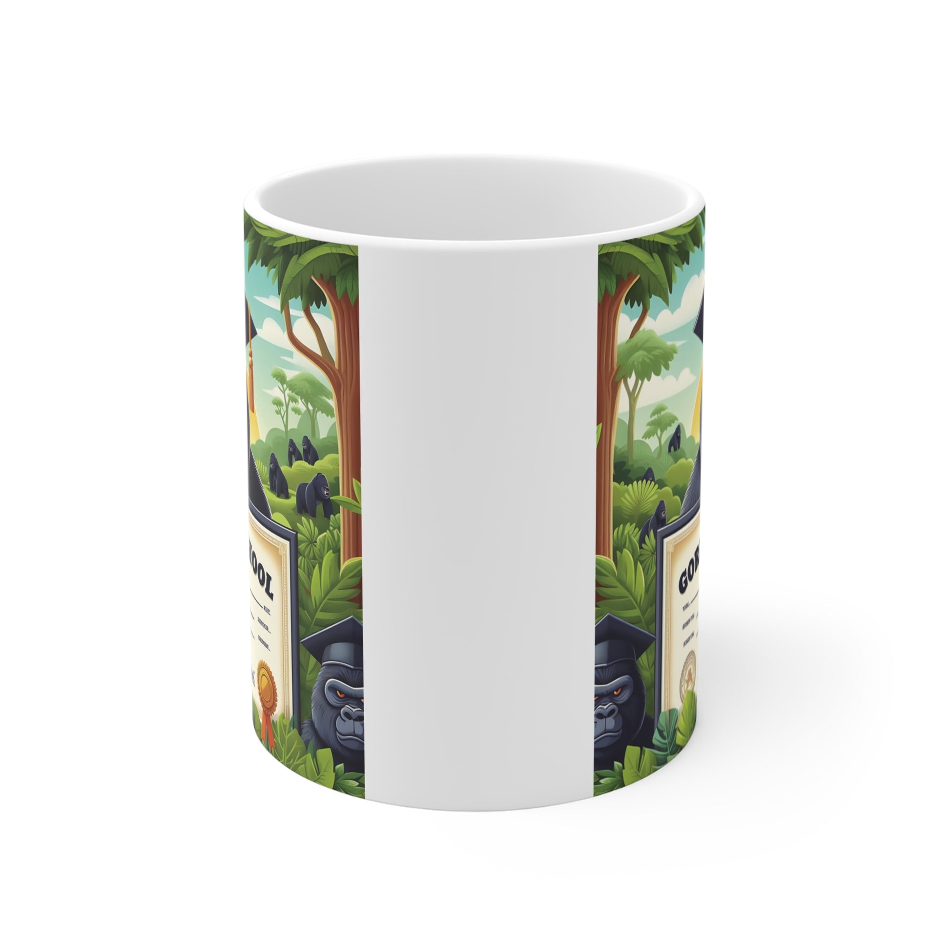 Cute gorilla graduate coffee mug with jungle background and graduation certificate illustration, unique graduation gift for students and teachers.