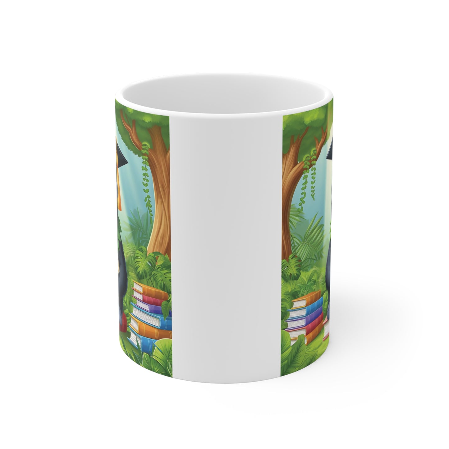 Cartoon gorilla graduate with diploma, academic gown, and mortarboard surrounded by colorful books and tropical greenery on a white ceramic mug.