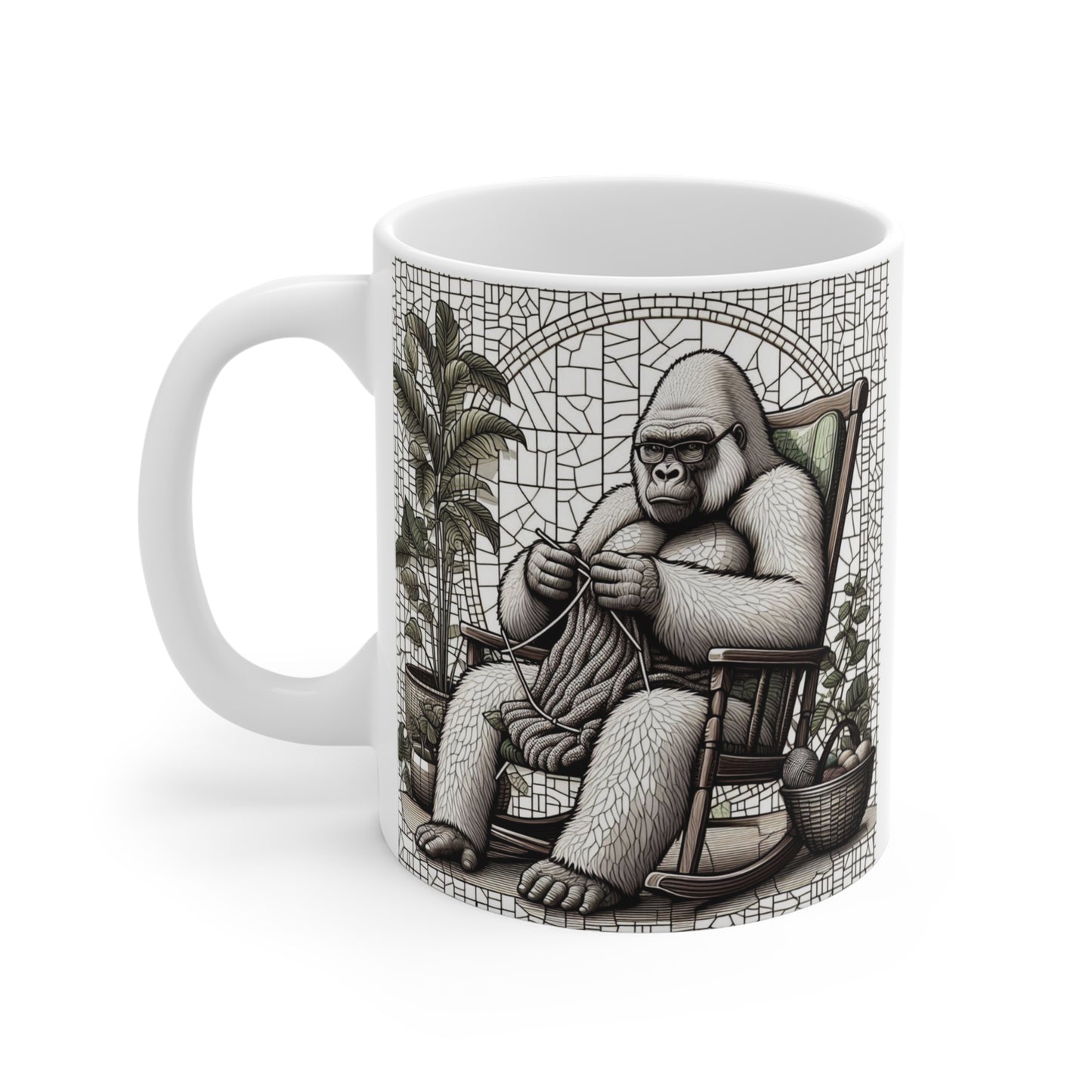 Adorable gorilla knitting mug with vintage and colorful crochet artwork printed on an 11oz ceramic coffee cup.