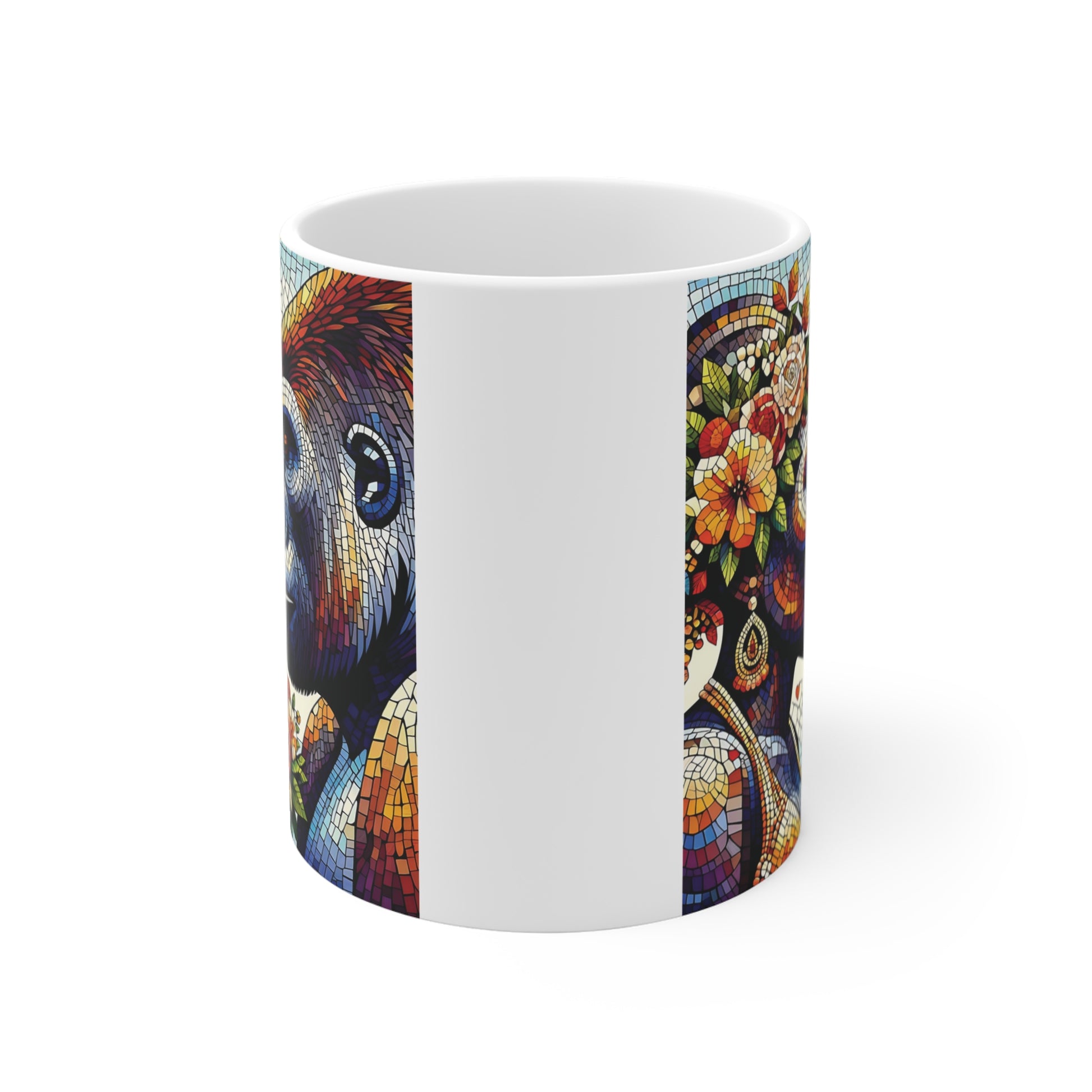 Mosaic gorilla lovers ceramic mug with roses and heart accents, artistic wildlife romance coffee mug gift for couples