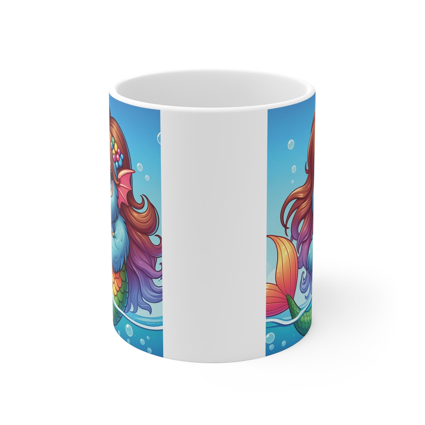 Charming gorilla mermaid character with vibrant red hair, colorful fish tail, and playful ocean background printed on a white ceramic mug.