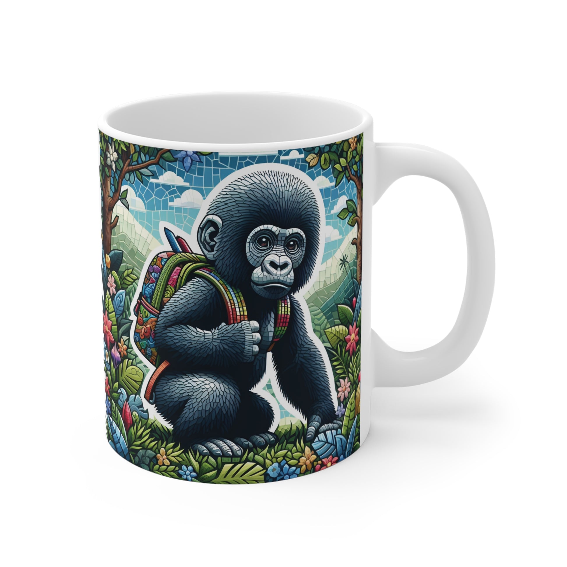 Cute baby gorilla coffee mug with colorful backpack, jungle flowers, and mosaic art style design on white ceramic mug