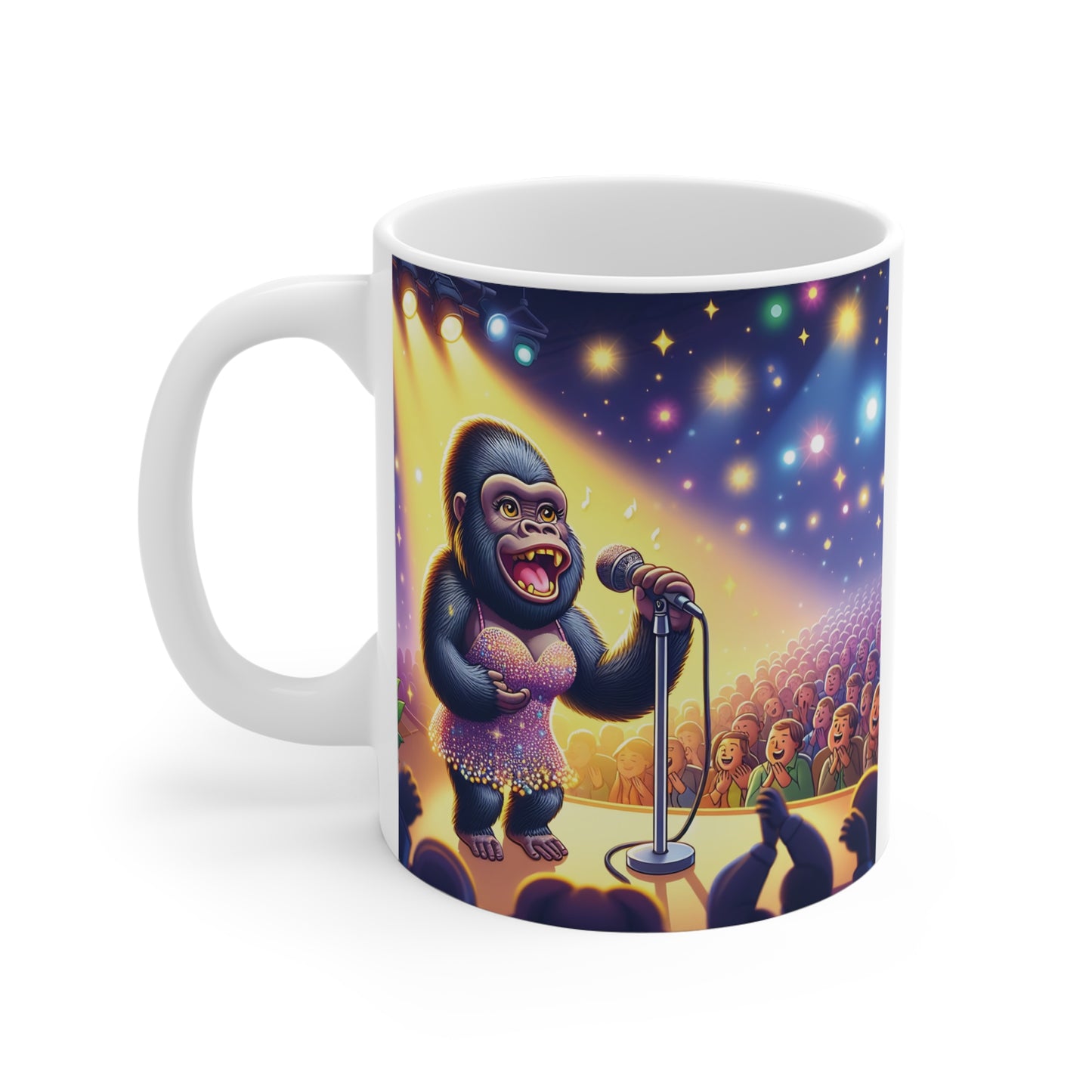 Cute gorilla in sparkly dress singing to crowd under stage lights printed on mug
