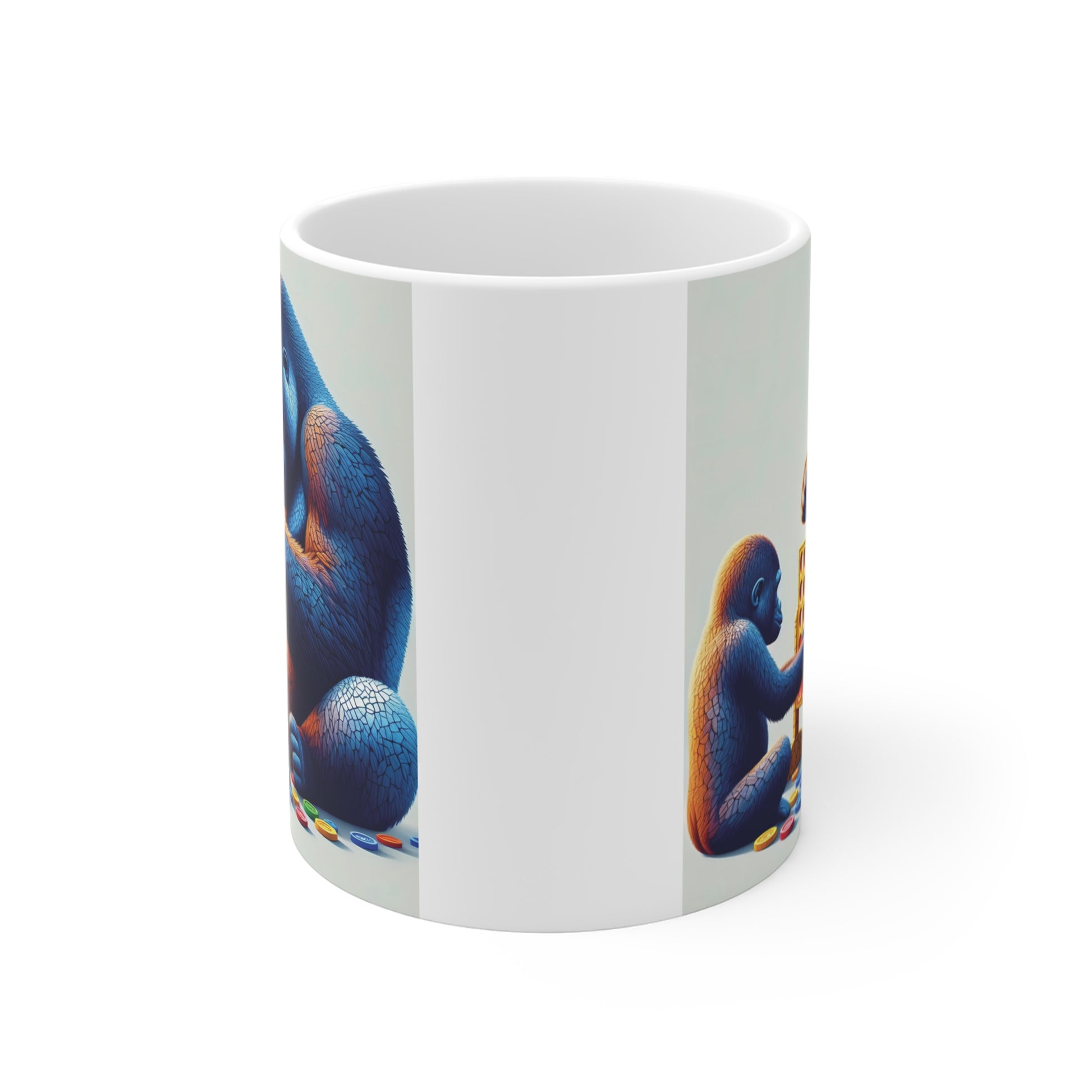 Artistic gorilla family enjoying a Connect Four game on a white coffee mug, featuring vibrant animal art and a playful parent-child bonding scene.