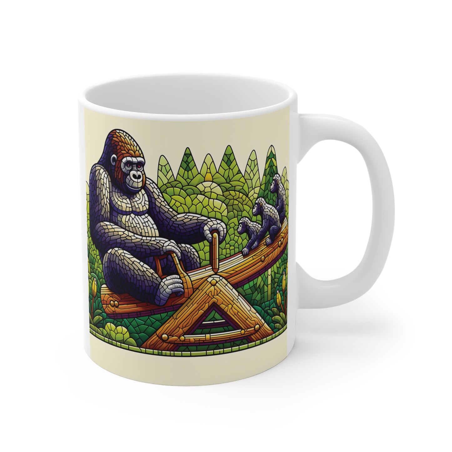 Colorful gorilla mug design featuring large gorilla using wooden lever with smaller gorilla in jungle setting illustration