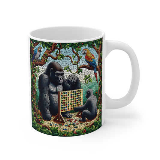 Gorilla playing Connect Four with baby gorilla on colorful jungle mosaic coffee mug with parrots and tropical vines.