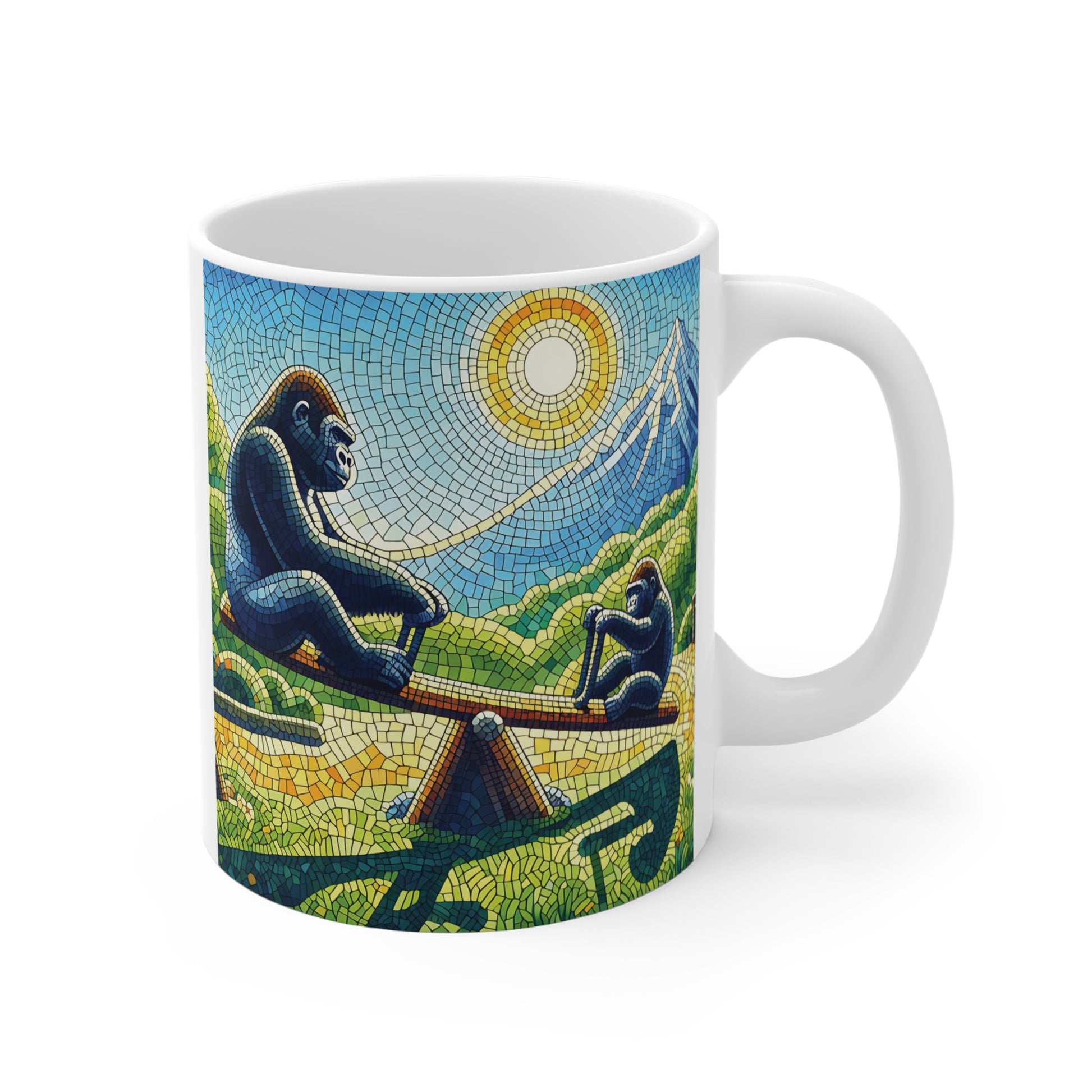 Embrace the warmth and love of Colorful mosaic art mug featuring gorillas on seesaw under sun and mountain landscape design