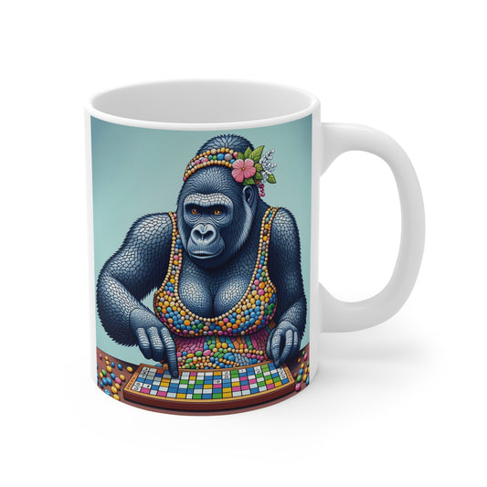 Artistic mug featuring a female gorilla playing chess with colorful board, symbolizing intelligence and strategy