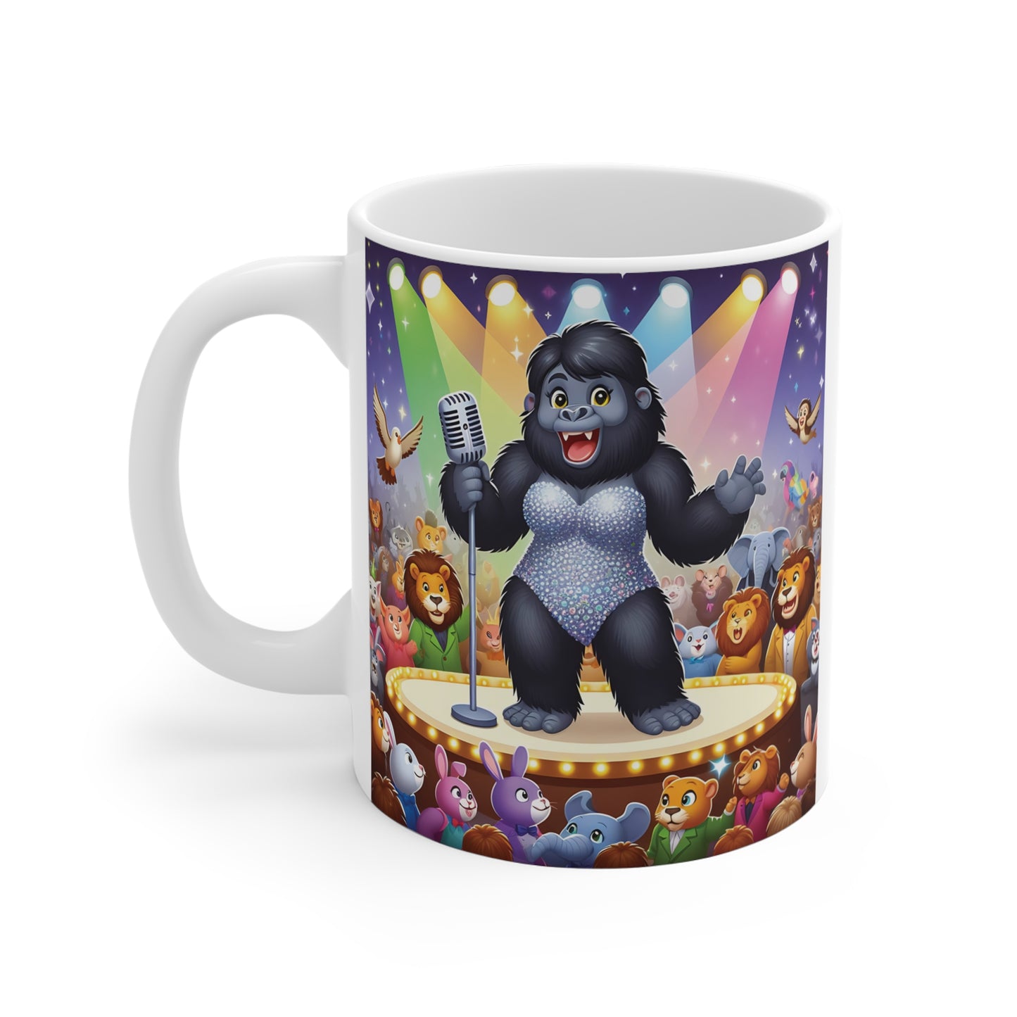 Cute female gorilla singing into a microphone on a colorful stage, vibrant music-themed mug design