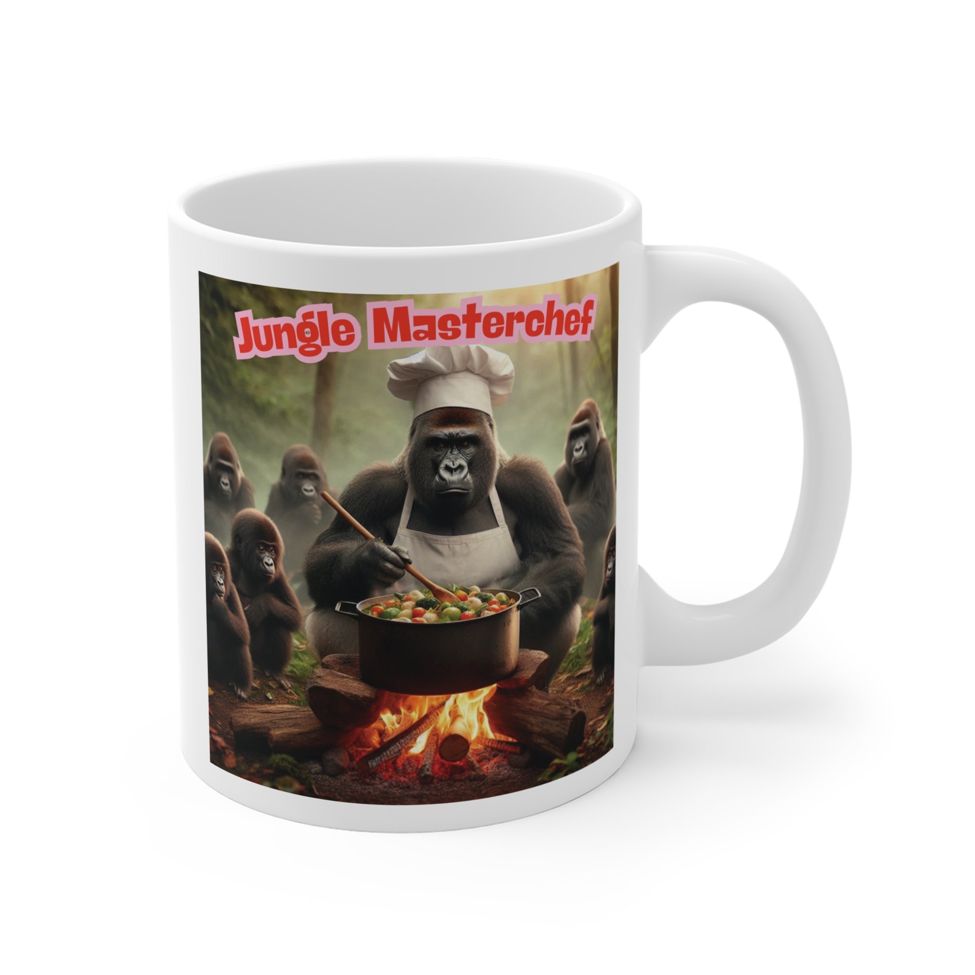 Funny gorilla chef mug 11oz with jungle masterchef design cooking over fire, humorous animal coffee cup gift for dad or BBQ lover