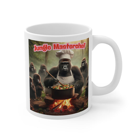 Funny gorilla chef mug 11oz with jungle masterchef design cooking over fire, humorous animal coffee cup gift for dad or BBQ lover