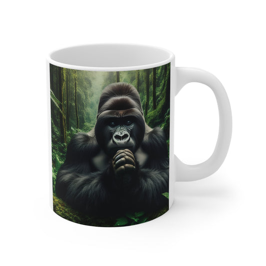 Realistic silverback gorilla resting in a lush rainforest on a white ceramic coffee mug, wildlife-inspired animal art design.