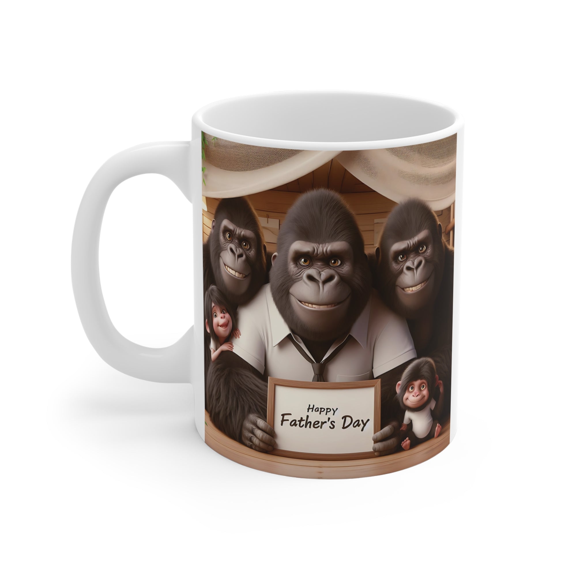 Father’s Day coffee mug featuring smiling gorilla dad with baby monkeys, adorable family artwork and Happy Father’s Day message