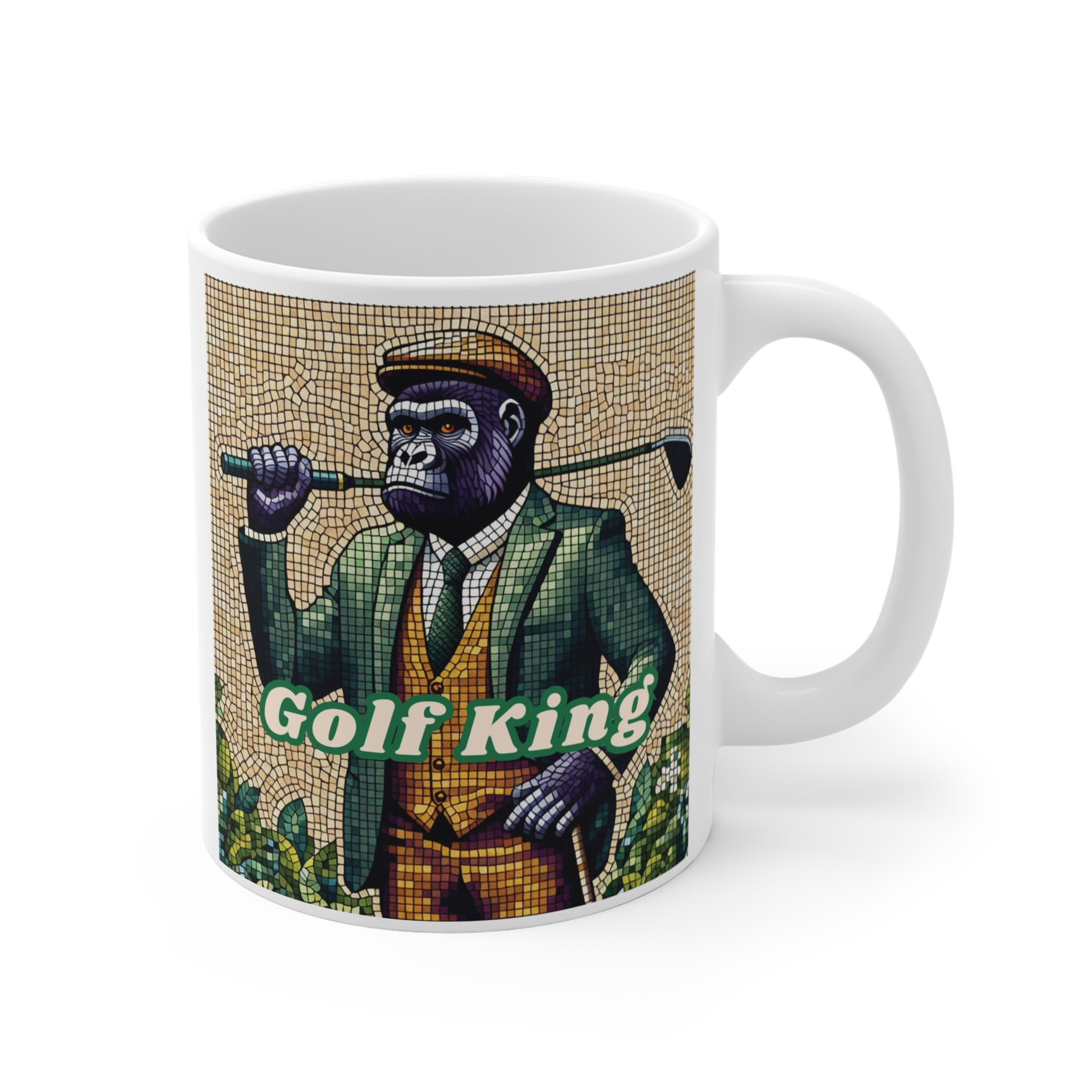 Funny gorilla mug with golf club in mosaic art design, cool dad gift coffee cup