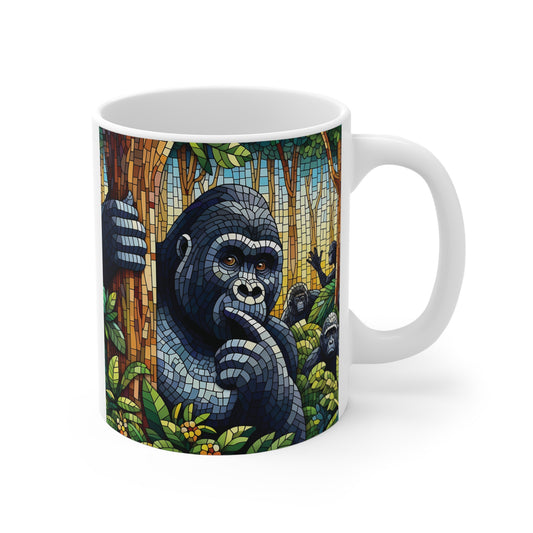 Colorful mosaic gorilla art mug featuring jungle wildlife design on white ceramic coffee cup – unique animal lover gift
