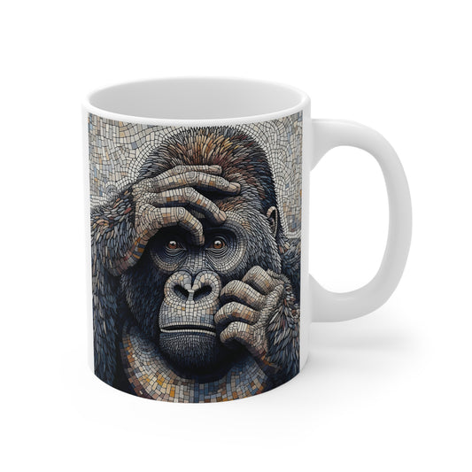 Mosaic gorilla coffee mug design featuring a detailed ape portrait with expressive eyes and artistic tile-style illustration on a white ceramic mug.