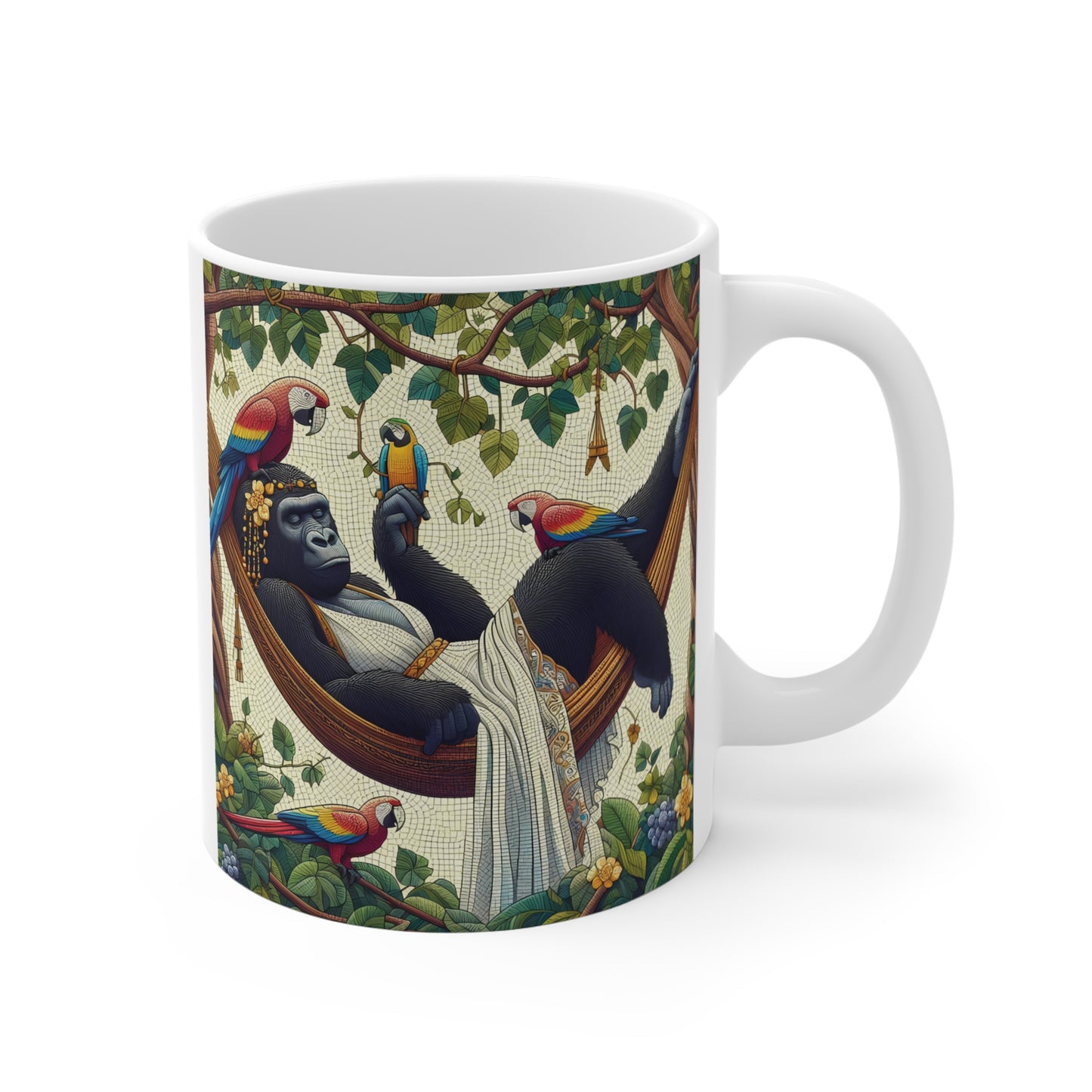 Gorilla relaxing in hammock with colorful parrots illustration on coffee mug, tropical jungle animal design, unique nature gift