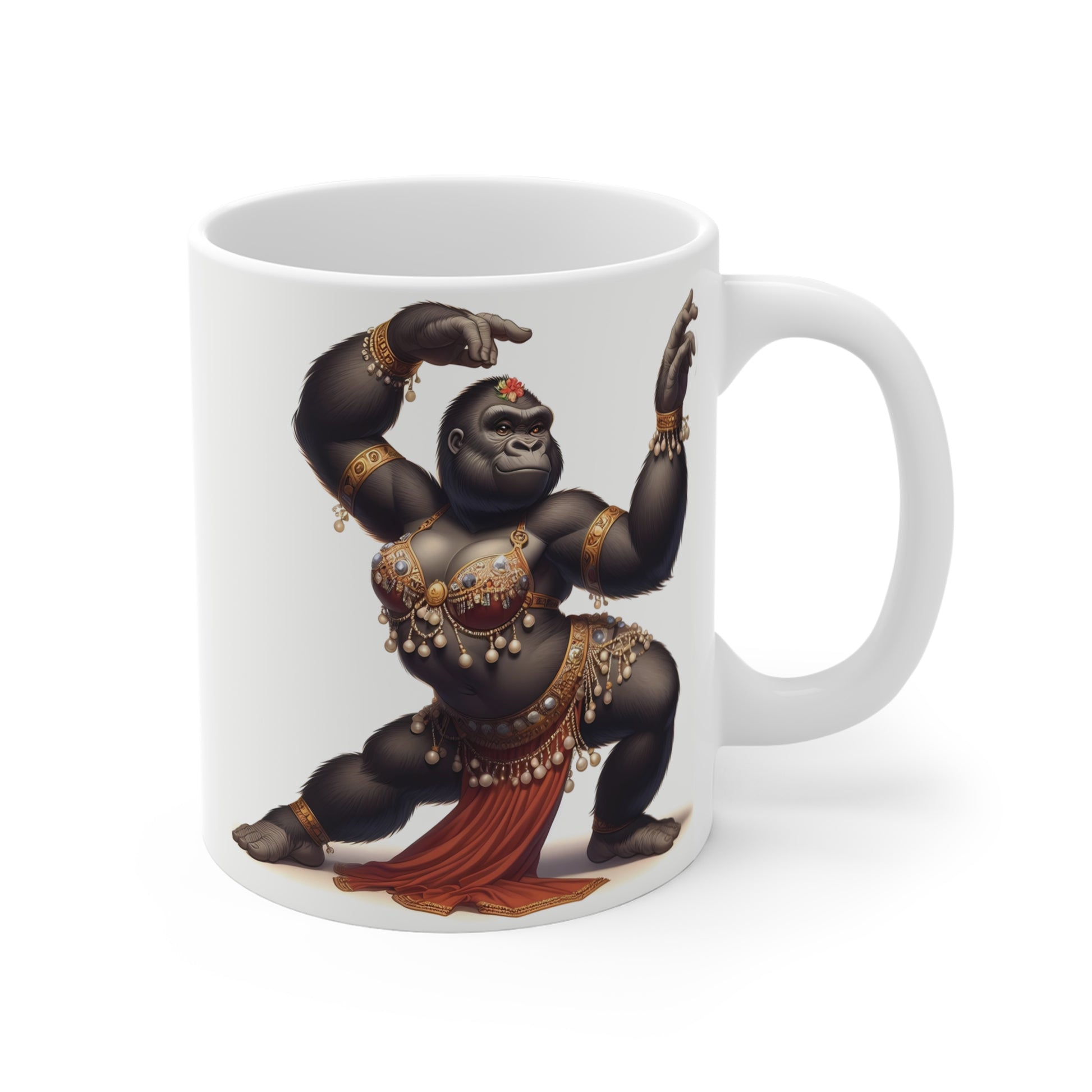 Elegant dancing gorilla mug featuring tribal jewelry and cultural costume artwork on white ceramic coffee cup – unique animal art gift