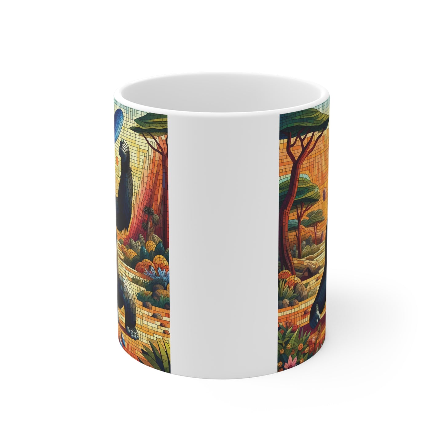 Colorful tiled artwork of gorilla tossing frisbee, creative jungle theme coffee mug with mosaic pattern
