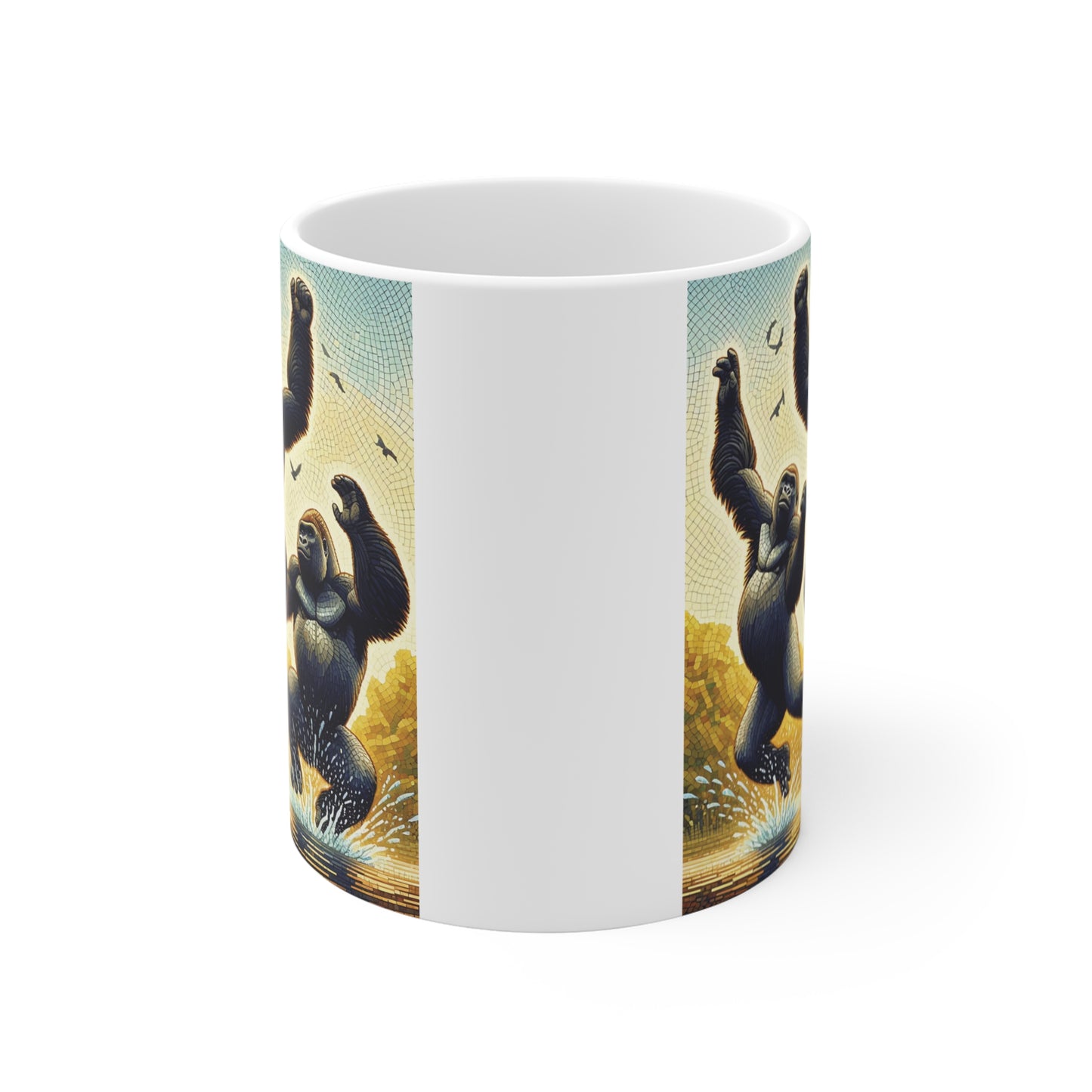Artistic gorilla coffee mug with textured mosaic jungle ape illustration, energetic wildlife design, and unique ceramic gift for animal art lovers