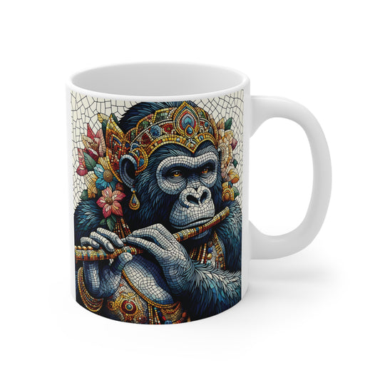 Mosaic gorilla playing flute on white ceramic 11oz mug with colorful floral and tribal art design
